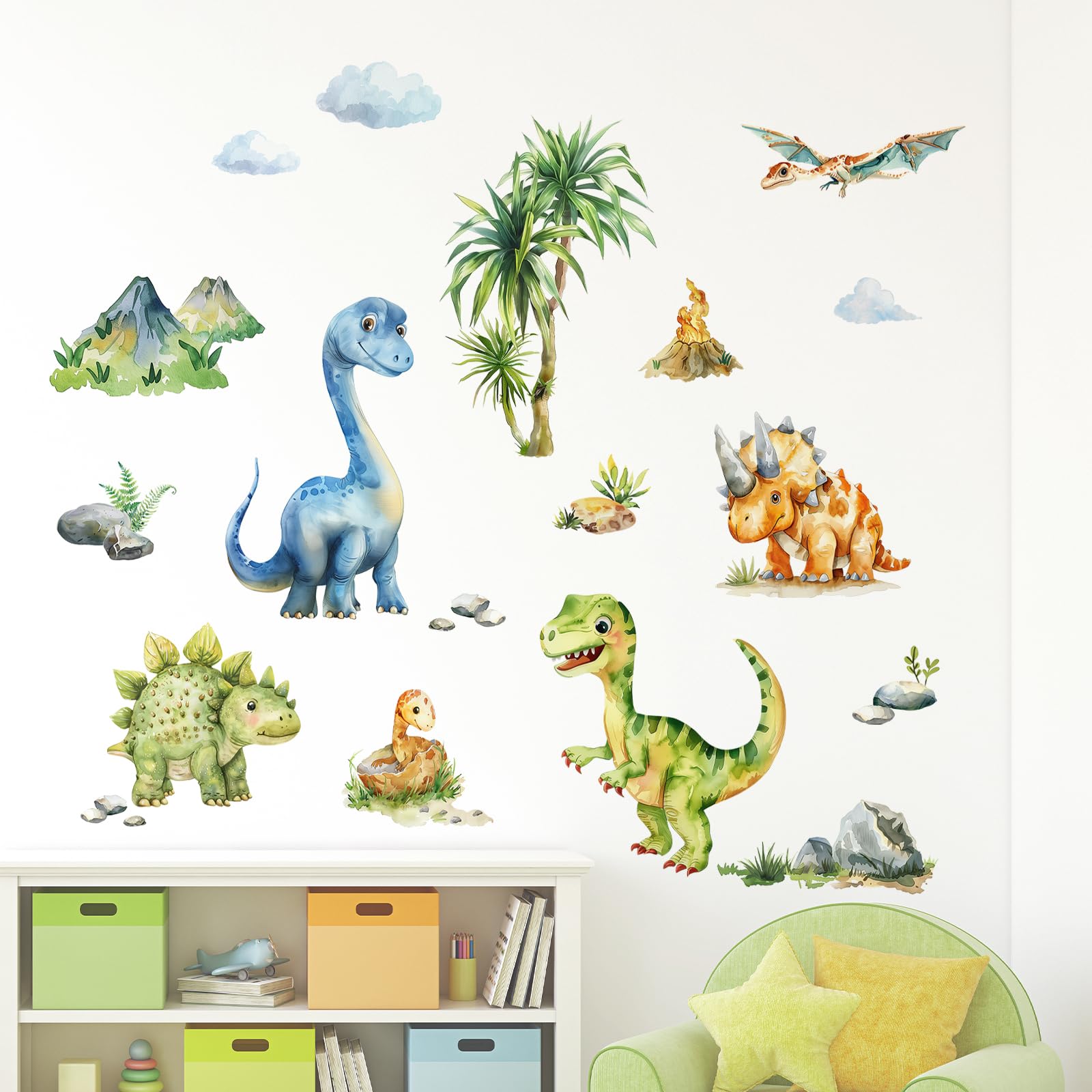 Tanlaby Dinosauri Adesivi Murali Animali Tropicali Acquerello Decorazione Murale per Bambini