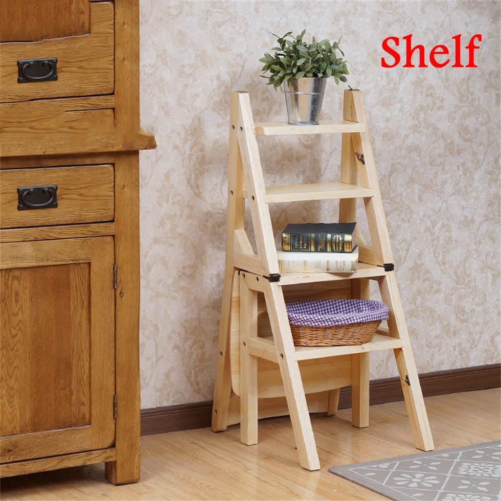 Gradini Pieghevoli Scala Pieghevole in Legno Massello Sedia Sgabello Multifunzione Scaffale Scala Libreria Domestica 4 Gradini capacità 150 kg (4 Colori) (Colore : Naturale)