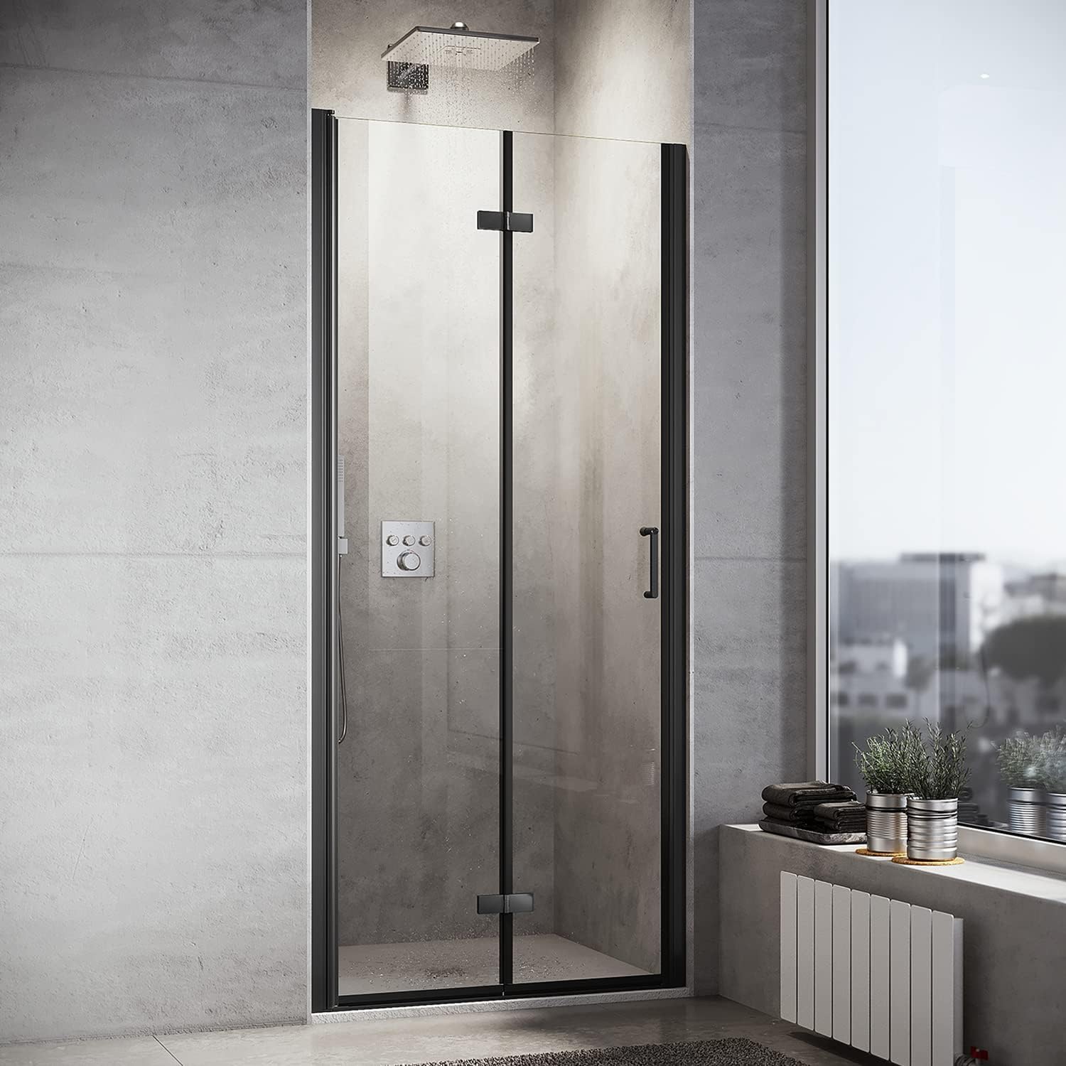 Sonni Mamparas de Ducha Frontales Negras Puerta Plegable 90x195 cm, Cristal ESG Templado de 6mm con Recubrimiento Nano