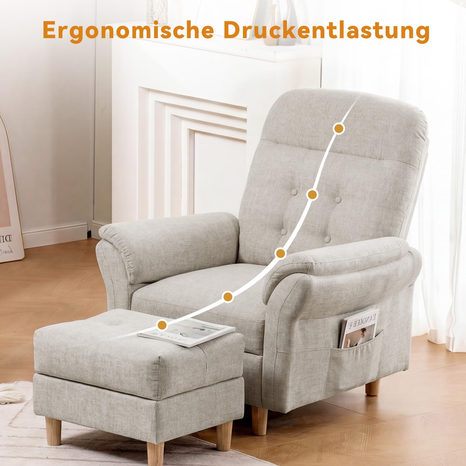 COMHOMA Relaxsessel Fernsehsessel mit Liegefunktion, Liegesessel mit Hocker & 4 Verstellbarer Rückenlehne, Polstersessel Stoff Einzelliegesessel Wohnzimmer Schlafzimmer Heimkino, Chenille, Beige