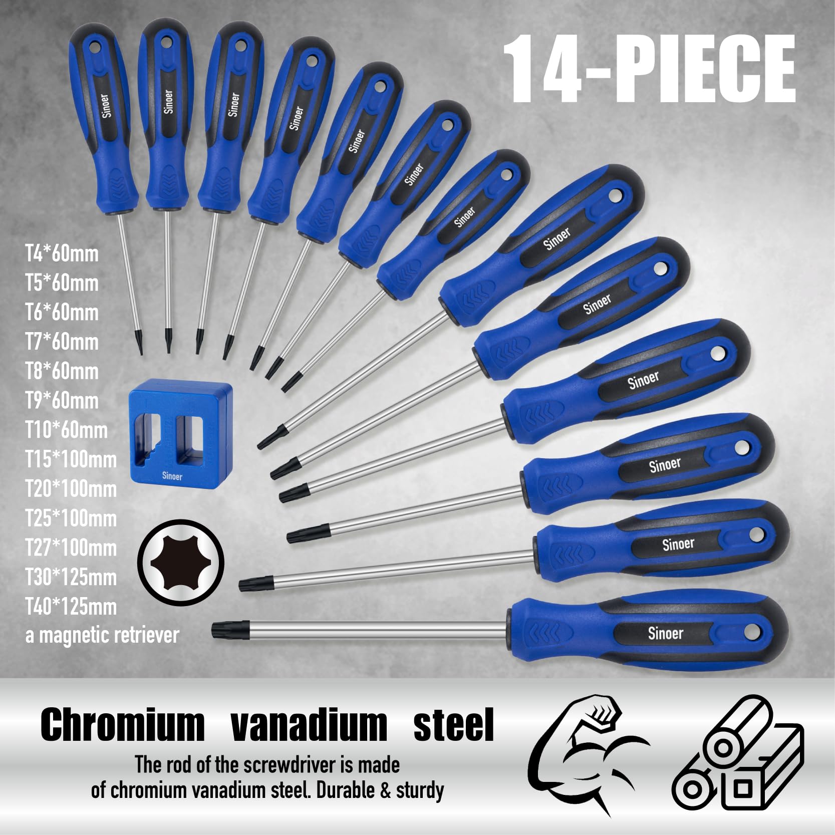 Sinoer set di cacciaviti magnetici Torx, in acciaio cromo-vanadio, kit cacciaviti, 14 pezzi, T4 - T40 Torx screwdriver.