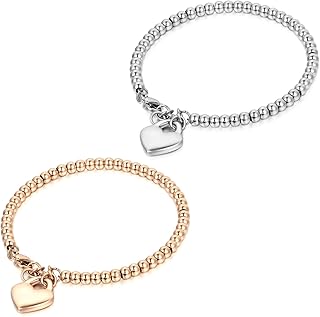 Joyas personalizadas para mujer, pulsera de perlas con colgante de corazón sólido, pulsera de acero inoxidable, oro rosa, plata
