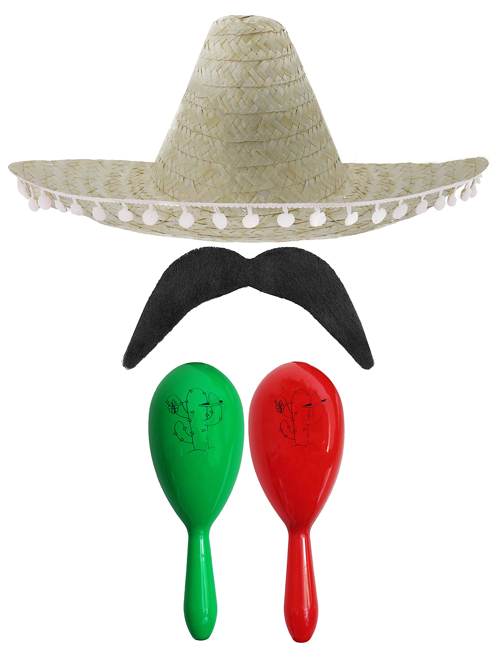 Adults Mexican Accessory Set - Natural Mexican Sombrero, Green & Red Maracas, Moustache - Mexican Cinco de Mayo Sensorita Bandit Mariachi Fancy Dress Costume Accessory Set