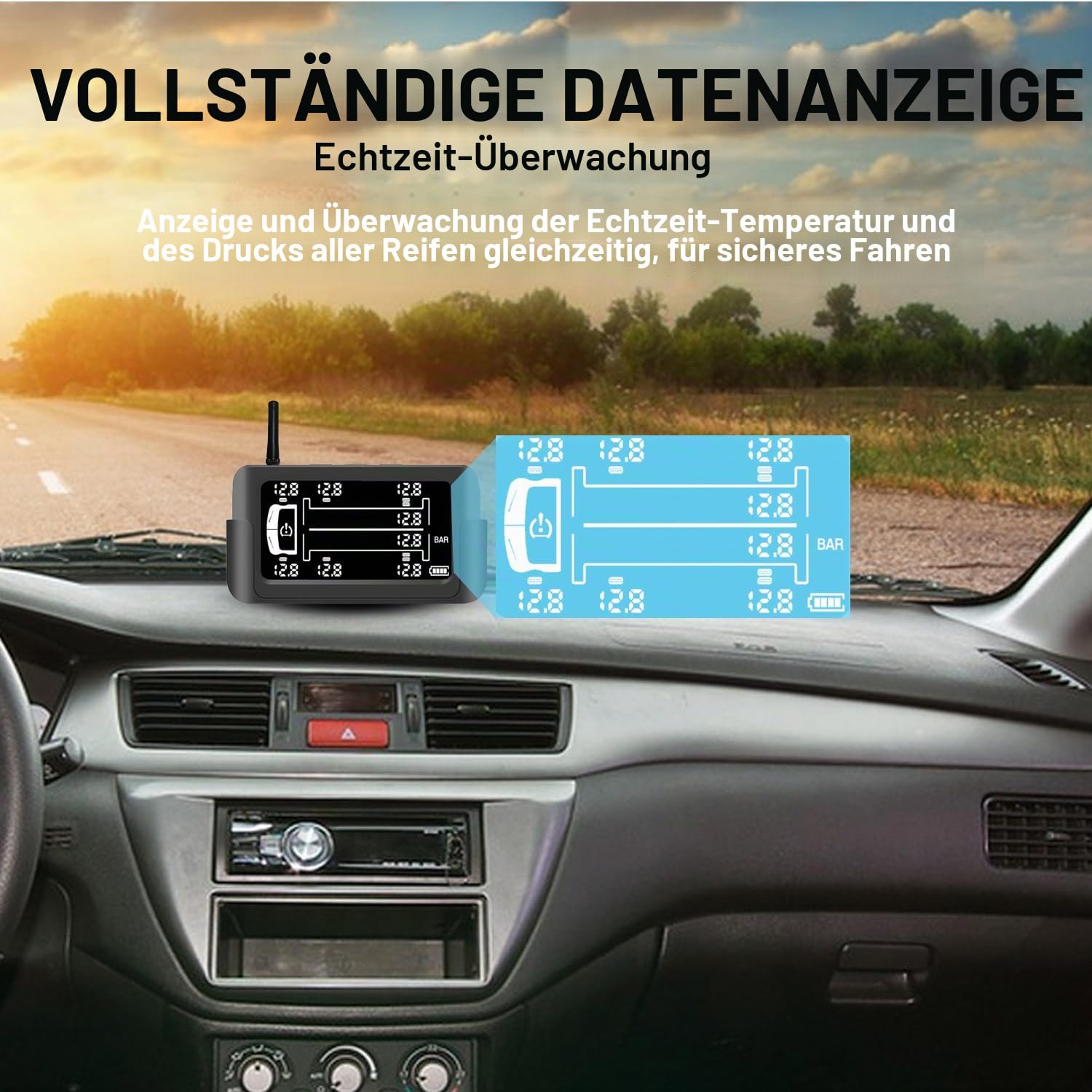 Reifendrucküberwachungssystem, kabelloses Solar-TPMS-Überwachungssystem mit 8 externen TPMS-Sensoren, 6 Warnmodi, Echtzeit-Erkennungs-Autoalarmsystem für Wohnmobile, Anhänger, schwere LKWs