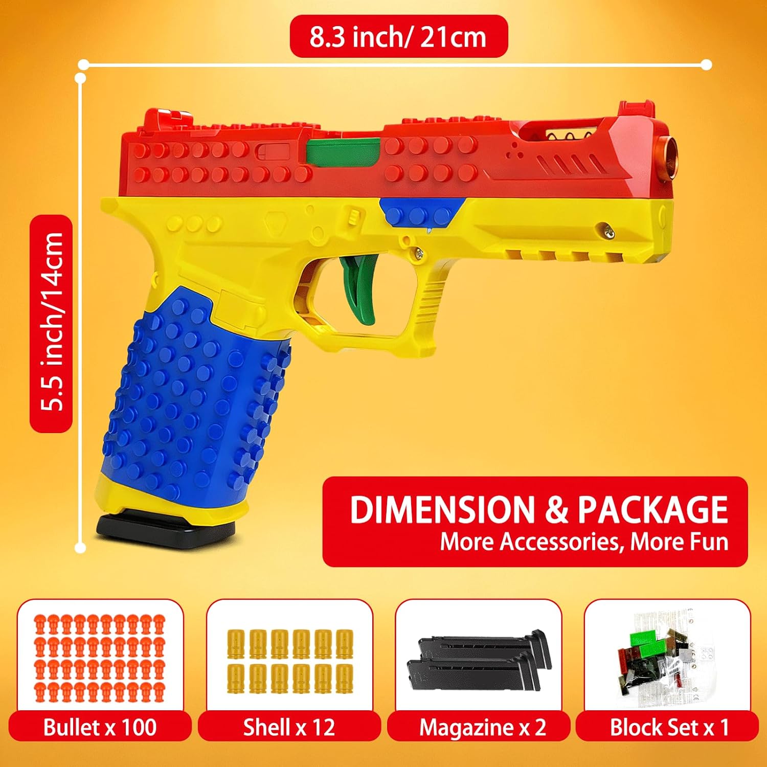 Building Block Toy Gun, Automatic Shell Ejecting Gun Soft Bullet Toy Pistol with DIY Building Brick Set, Shooting Games Education Model Gifts for Kids, Boys, Girls