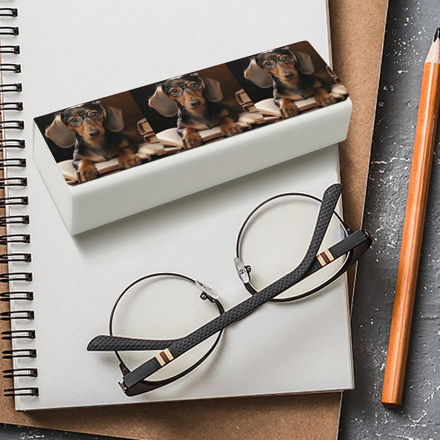 Dachshund Book Eyeglass Case for Men Women Case Leather Light Nearsighted Spectacle Case Box Portable Sunglass Case Hard Shell Protective Case