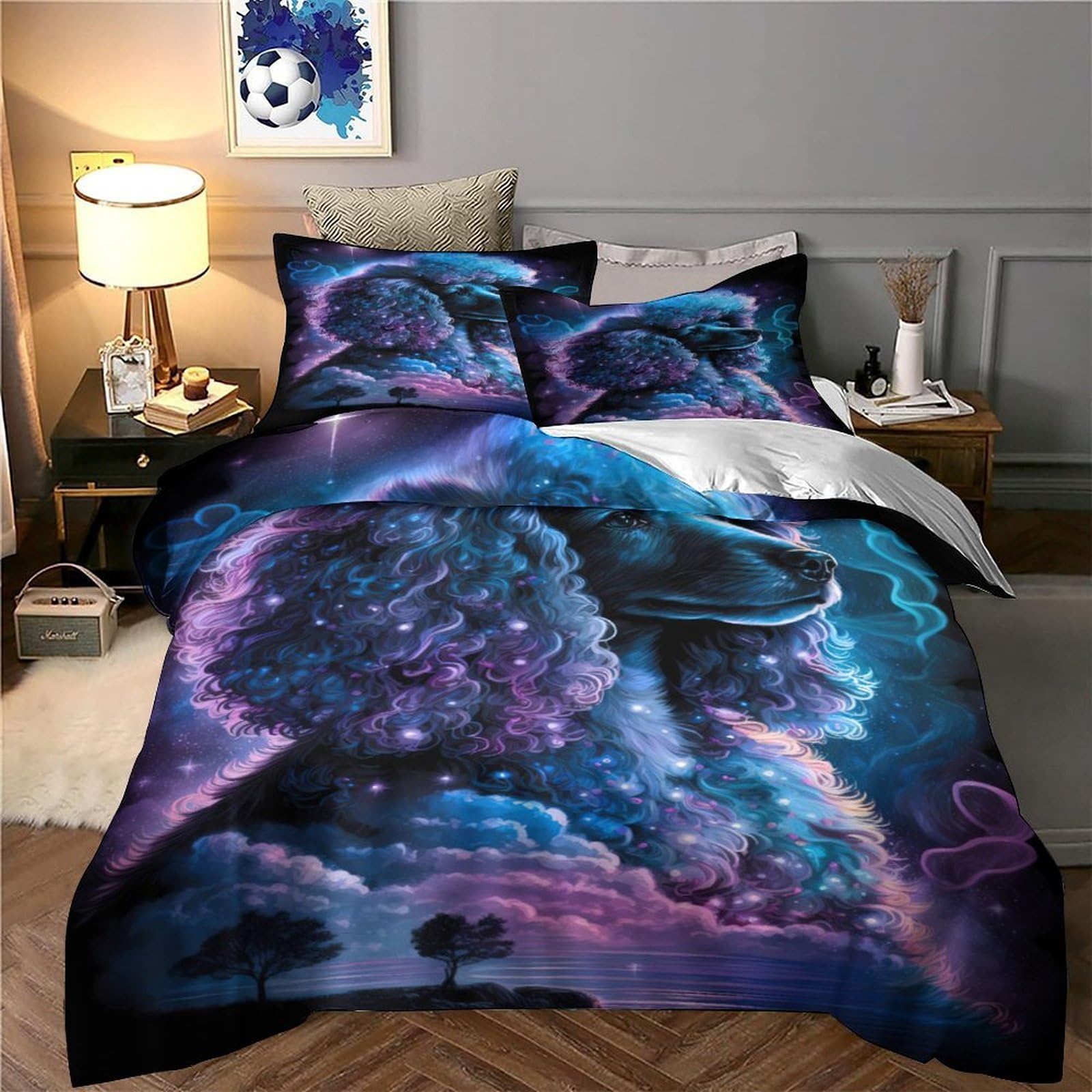 Cosmic Poodle Set Di Copripiumino morbida microfibra 3 Pezzi stampa 3D con federa Fantasia Set Di Copripiumino cerniera ariosa morbido for ragazze King（220x240cm）