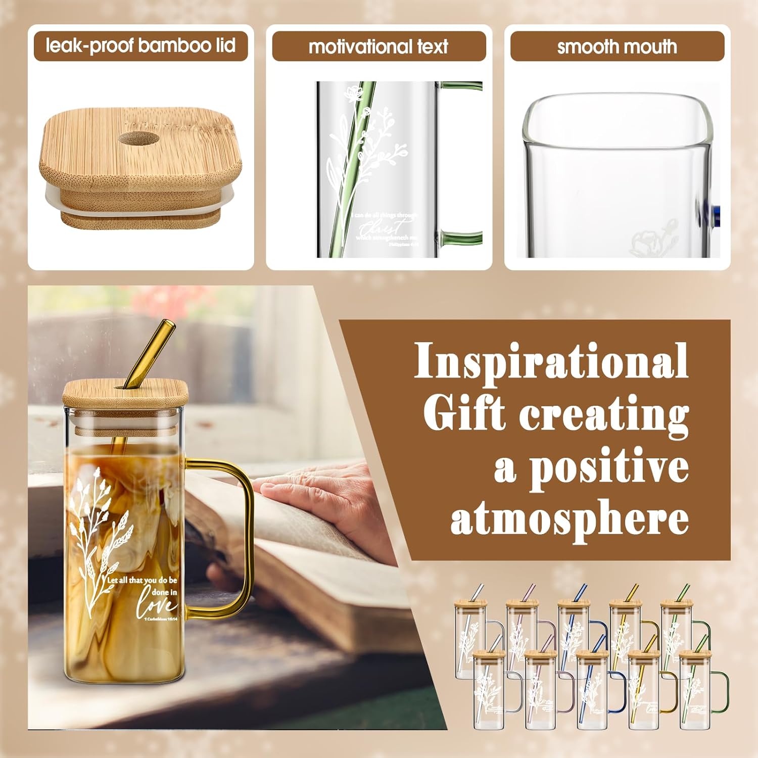 20pcs Easter Christian Glass Cup Gift for Women Bulk 13.5oz Bible Verse Tumbler with Handle Lid Straw Pastor Wife Religious Water Bottle Scripture Coffee Mug for Church Sunday School Teacher