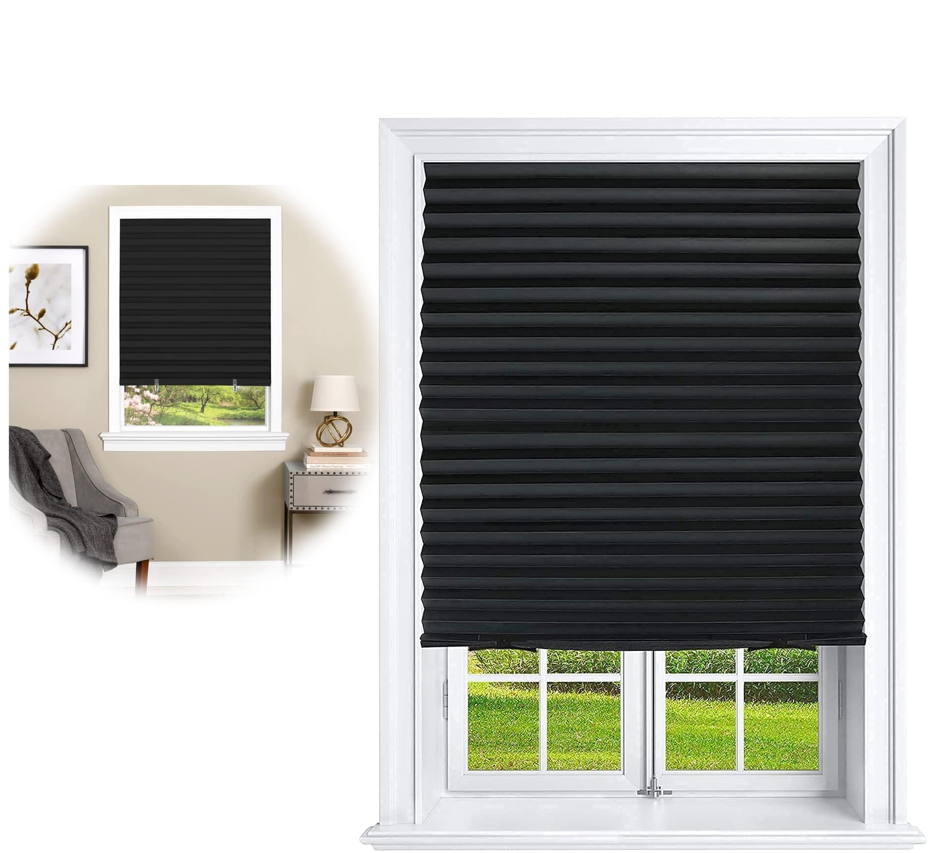 Khazna Window Shades, 1 Pcs Pleated Shade Heat Sun Protection Temporary Window Blind for Home Kitchen Room 90 x 180 CM(Black)