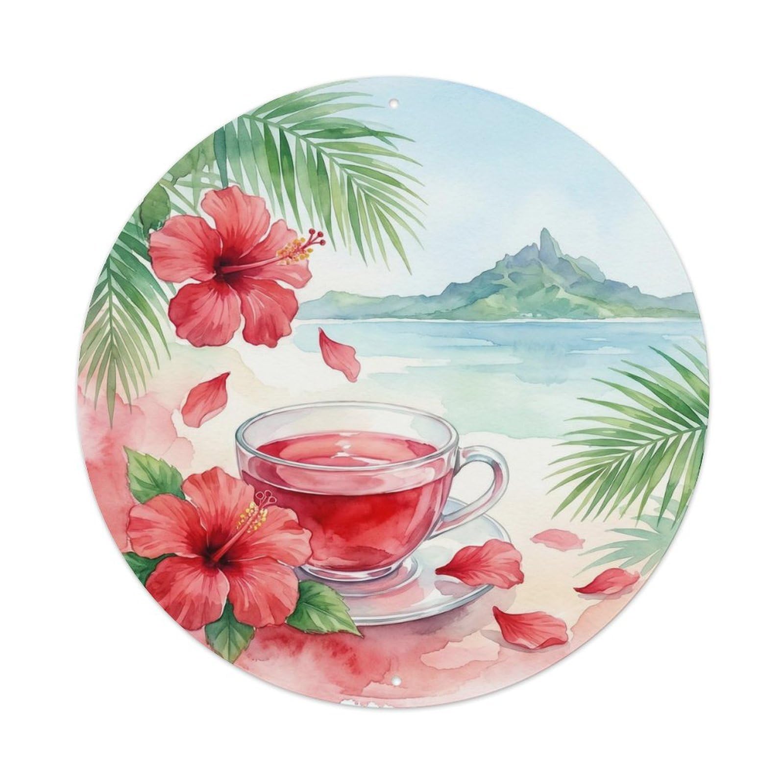 Olyhtr 8X8inch Classic Style Borabora Hibiscus Tea Ceremony Watercolor Polynesian Metal Tin Sign