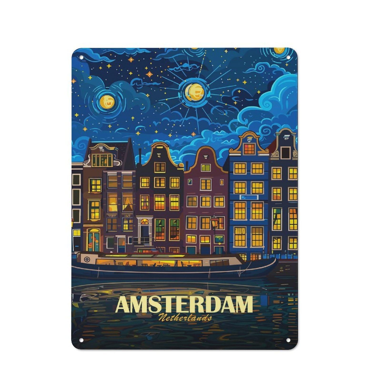 Metal Wall Plaque with Amsterdam Netherlands Night Cityscape Art Design 40x30cm, Retro Room Wall Plaque for Home, Shop, Pub Or Studio Wall