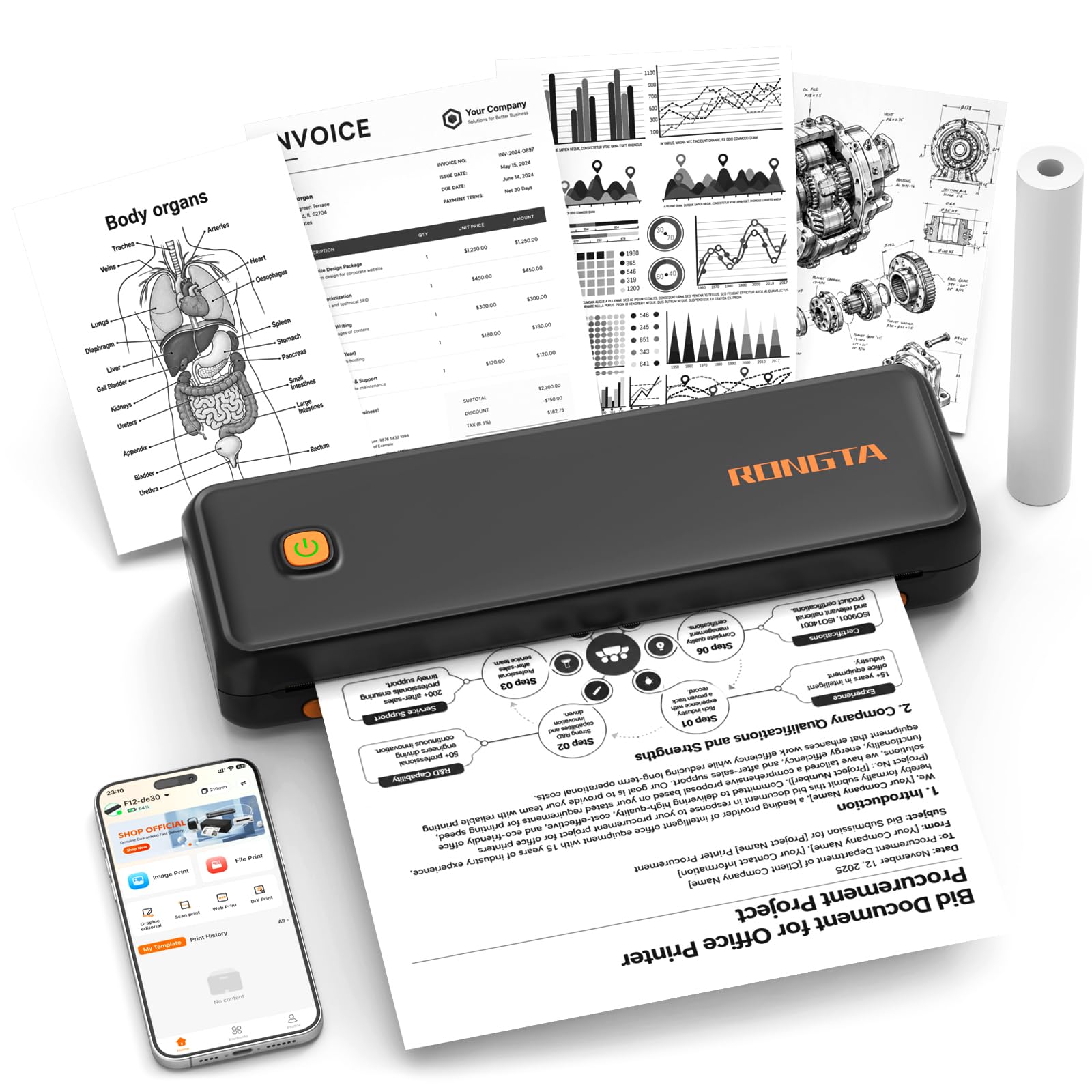 Rongta Imprimante thermique sans fil Bluetooth portable sans encre F12A