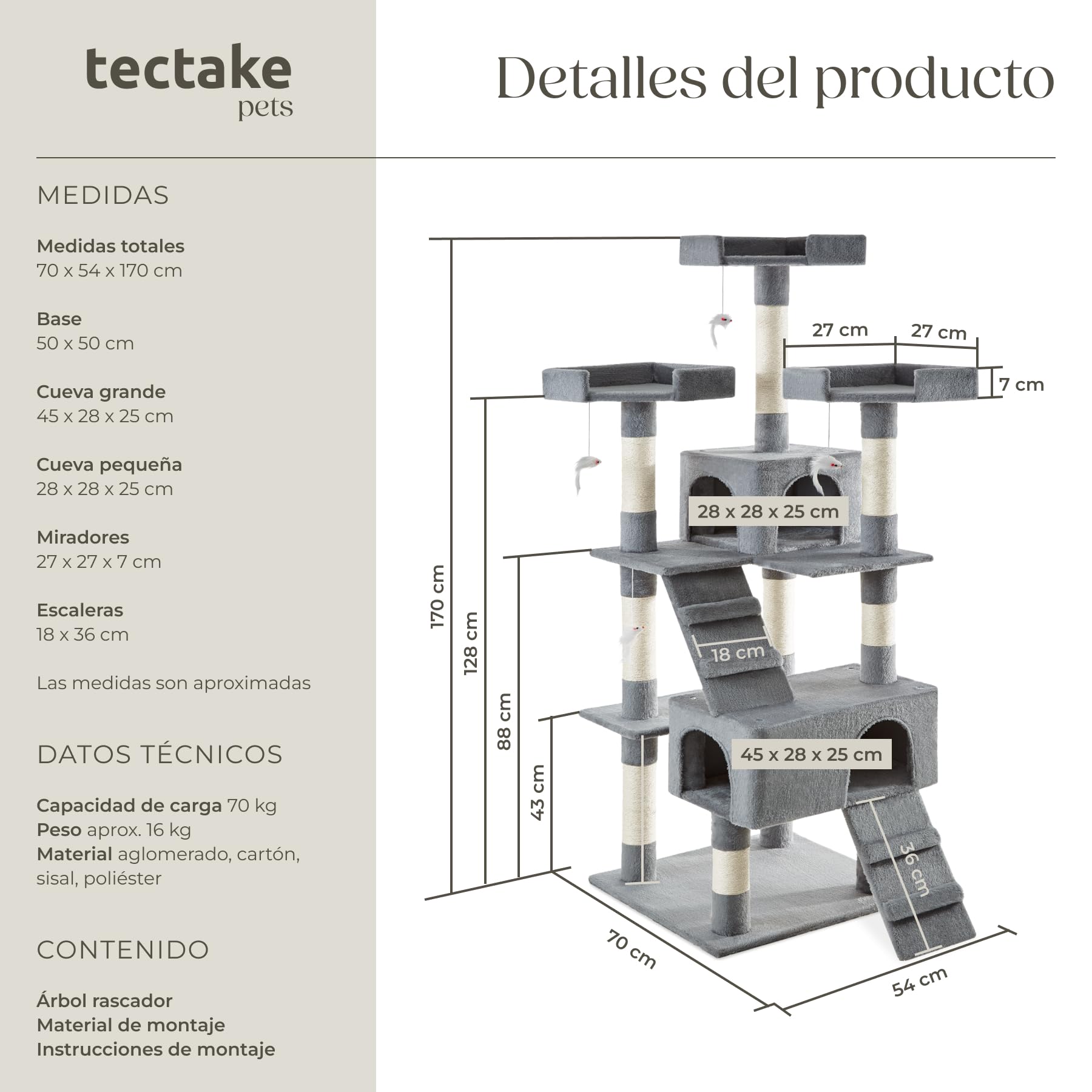 TecTake® Árbol para gatos Rascador para gatos de sisal H170 cm, Juegos para gatos Apartamento Accesorio Rascador Nido Cama Cesta Cama para gatos Juego de ratón Escalera