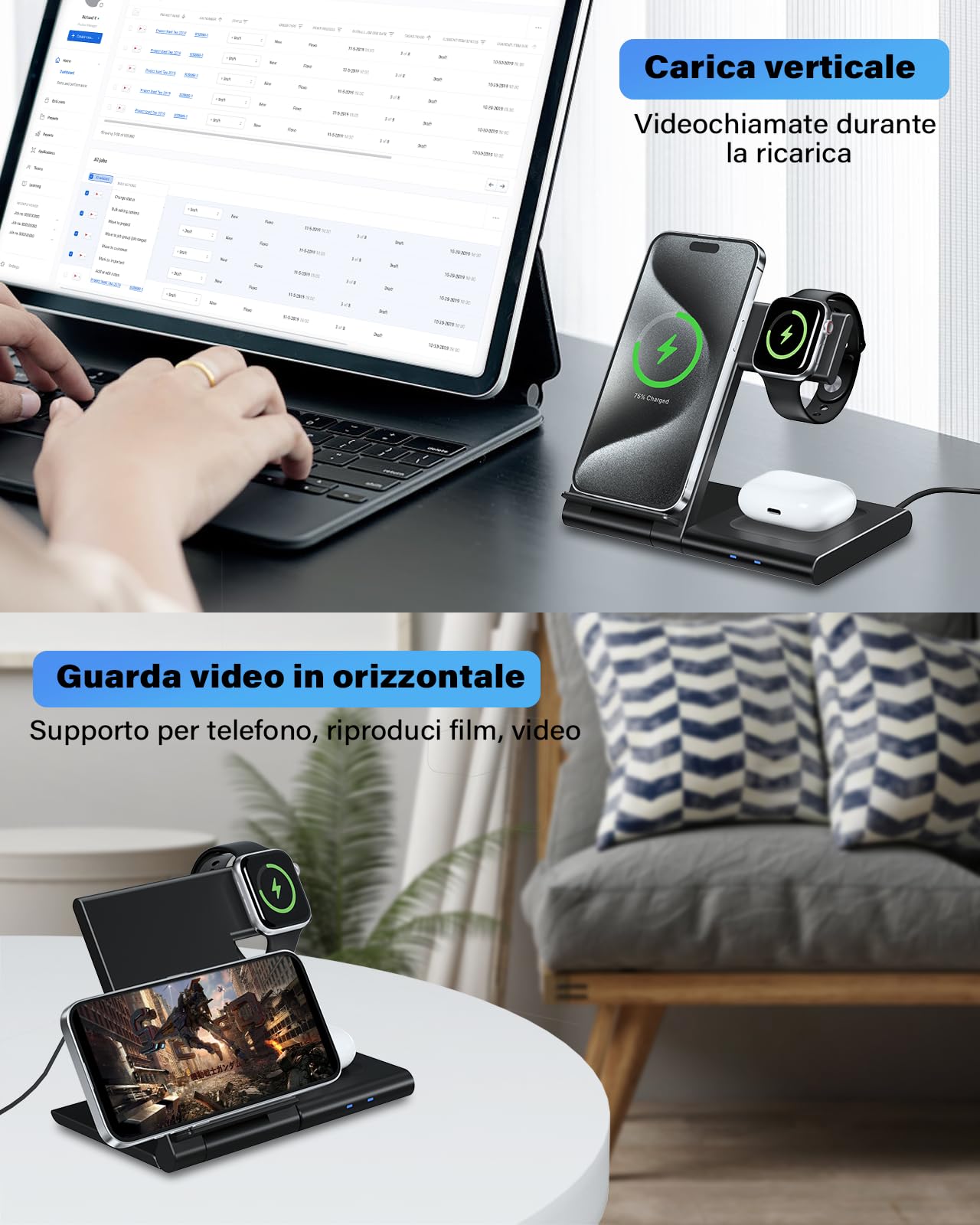 WATOE 3 in 1 Caricatore Wireless Stazione, 18W Ricarica Rapida Wireless Phone Charger Stand per iPhone16 15/14/13/12/11/Pro/Max/XS/XR/X/8/Plus, per Apple Watch 9/8/7/6/SE/5/4/3/2 e per AirPods 3/2/Pro