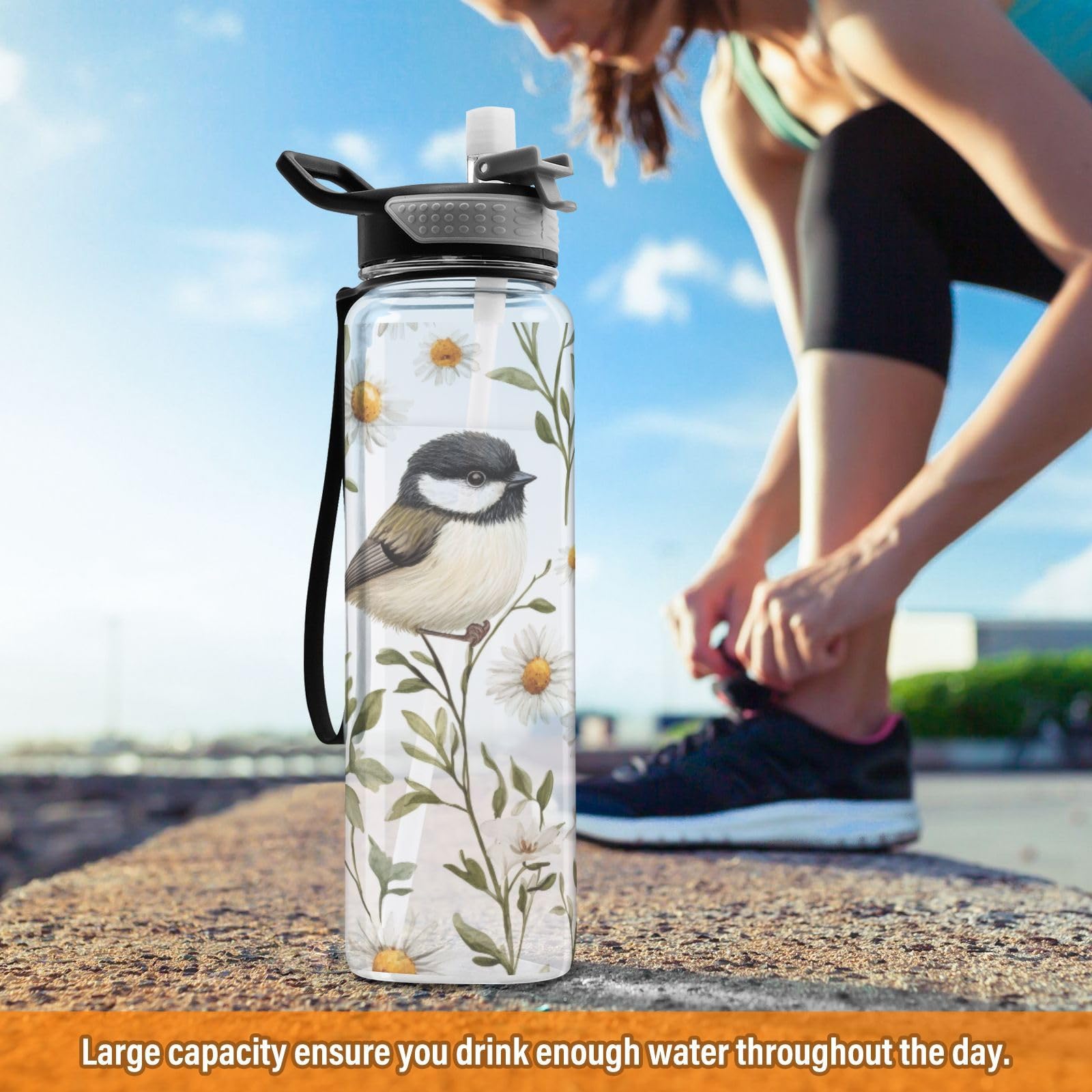 Chickadee Birds Wasserflasche, 900 ml, transparentes Tritan, BPA-frei, auslaufsicher, mit Tragegurt, für Sport, Fitnessstudio und Outdoor-Aktivitäten