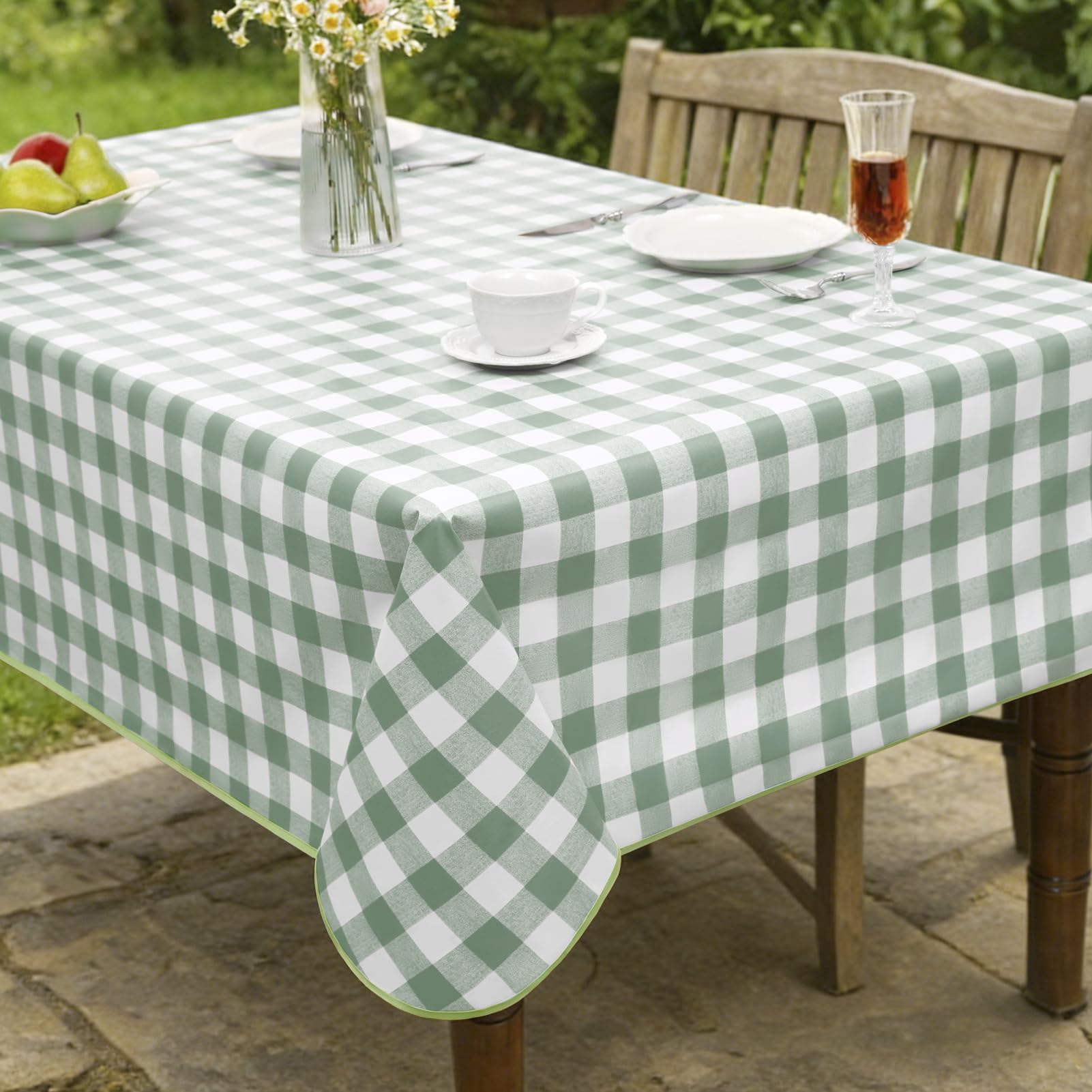 FIBORIA Outdoor Square Waterproof Table Cloth Green Wipeable 140×140 cm,Vinyl PVC Table Cover Tablecloths for Balcony Bistro Table, Garden,Terrace Brunch,Indoor Kitchen,Spring Picnic,Kids Craft Table