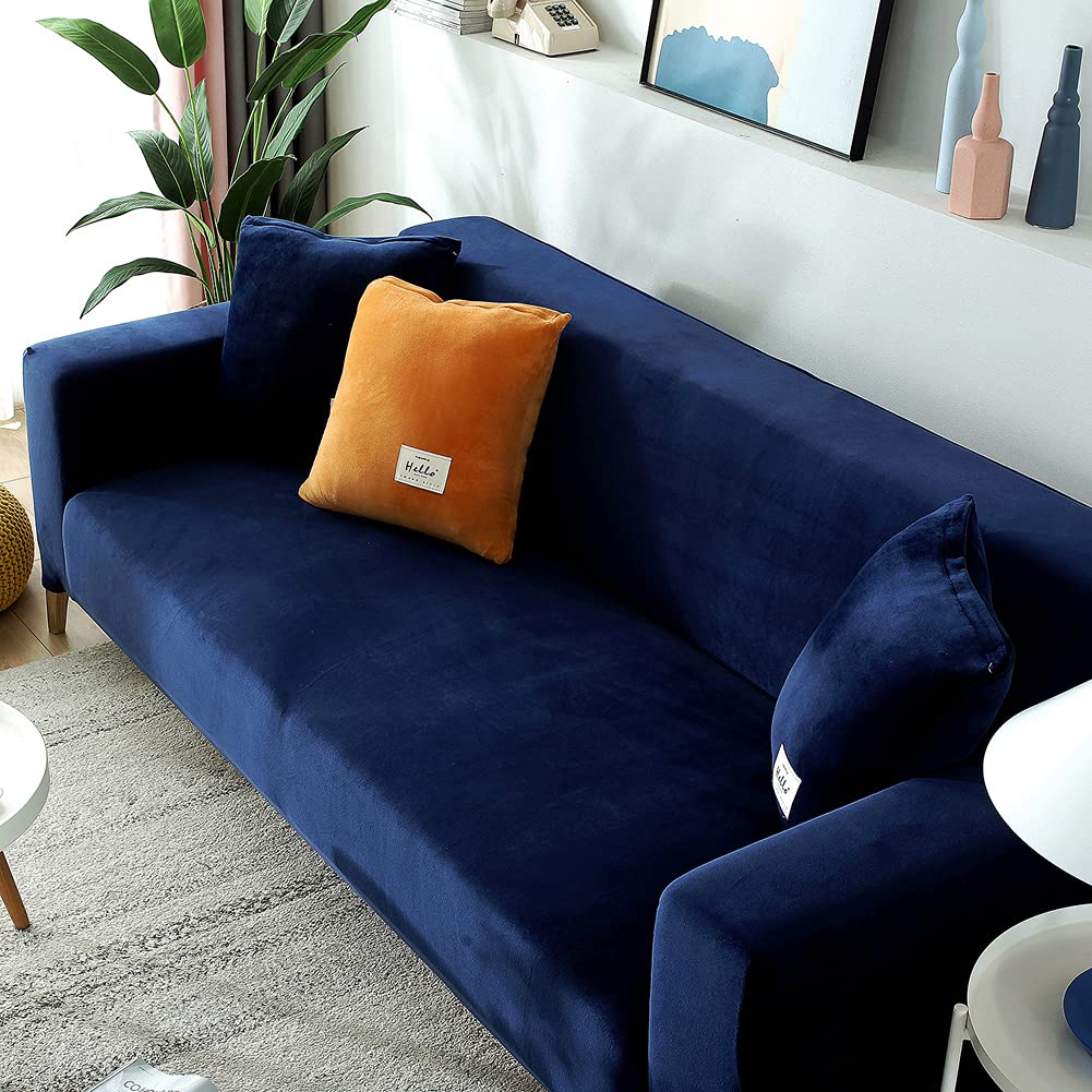 Luxe fluwelen bankhoes voor 2-, 3-, 4-zits, zachte pluche sofa beschermer, rekbare armsteun sofahoes, waterbestendige meubelbeschermer - blauw - 3-zits, 190 - 220 cm
