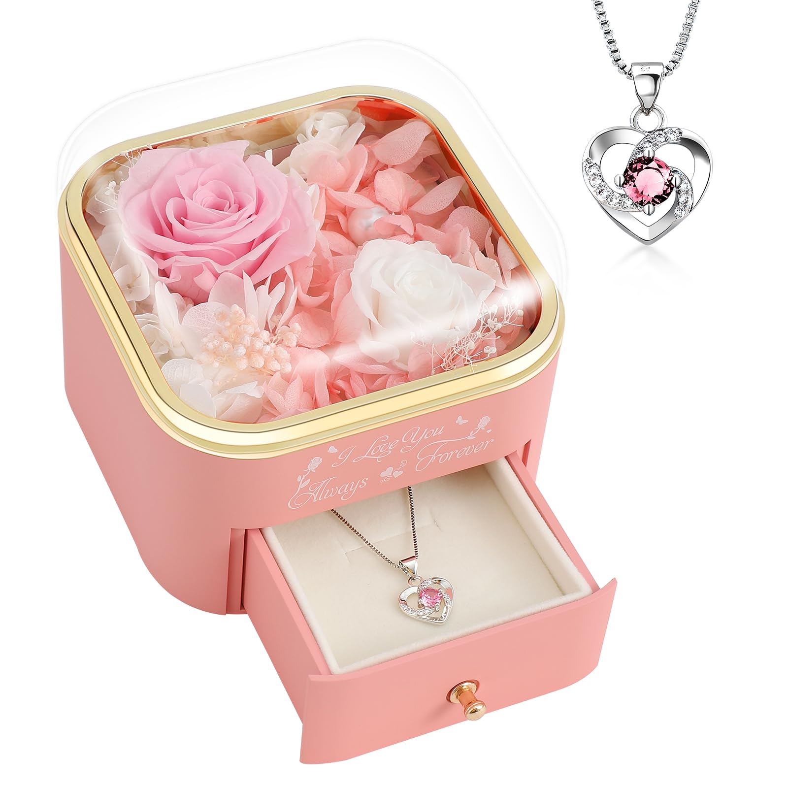 Preserved Roses Jewelry Box with Heart Necklace - Eternal Rose & ‘I Love You Always & Forever’ Engraving - Luxury Gift for Mom, Wife, or Grandma on Mother’s Day