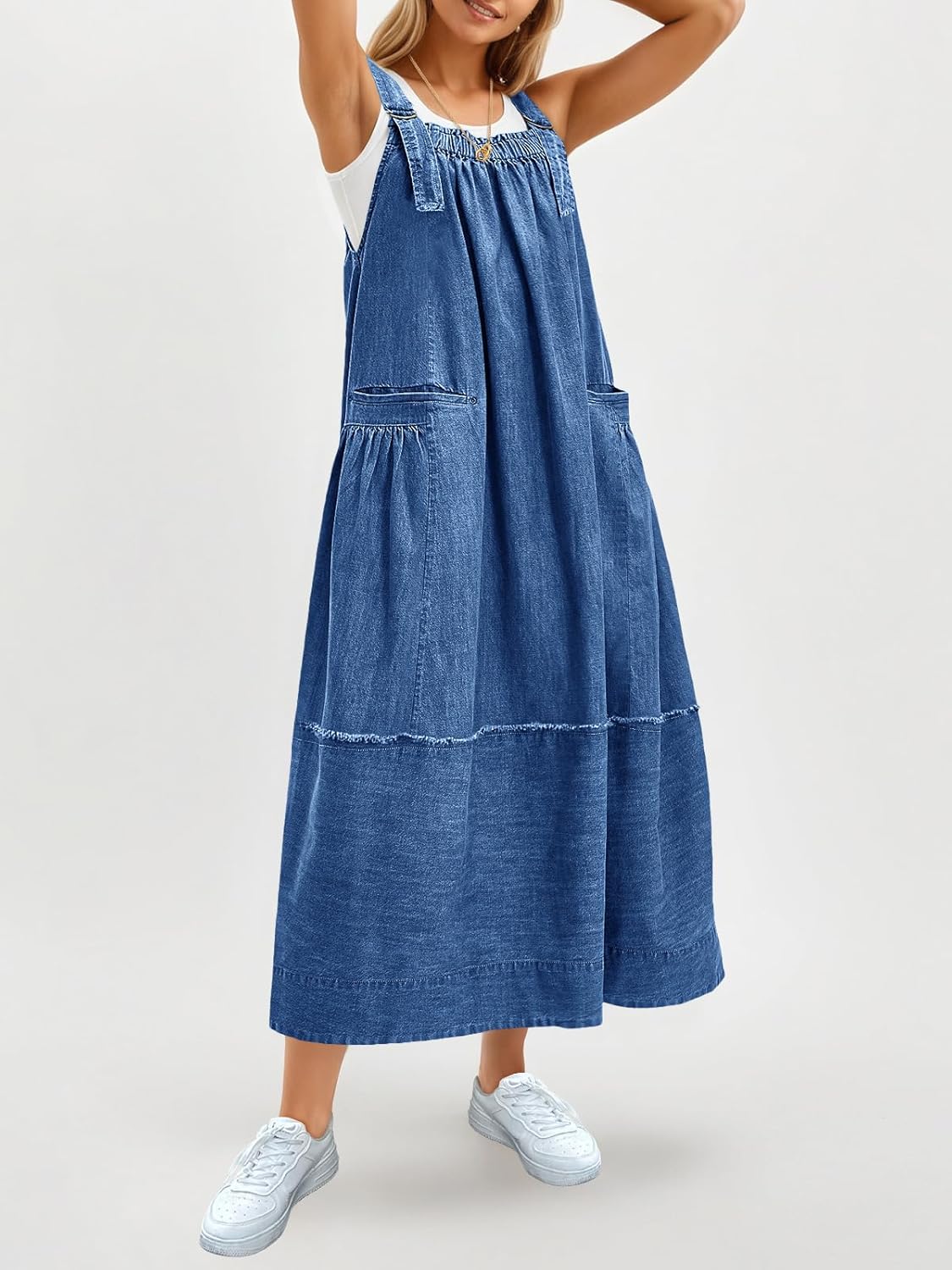 Cicy Bell Women's Denim Overall Dress Casual Adjutable Strap Back Drawstring Loose Jumper Bib Maxi Dresses with Pockets - Image 3