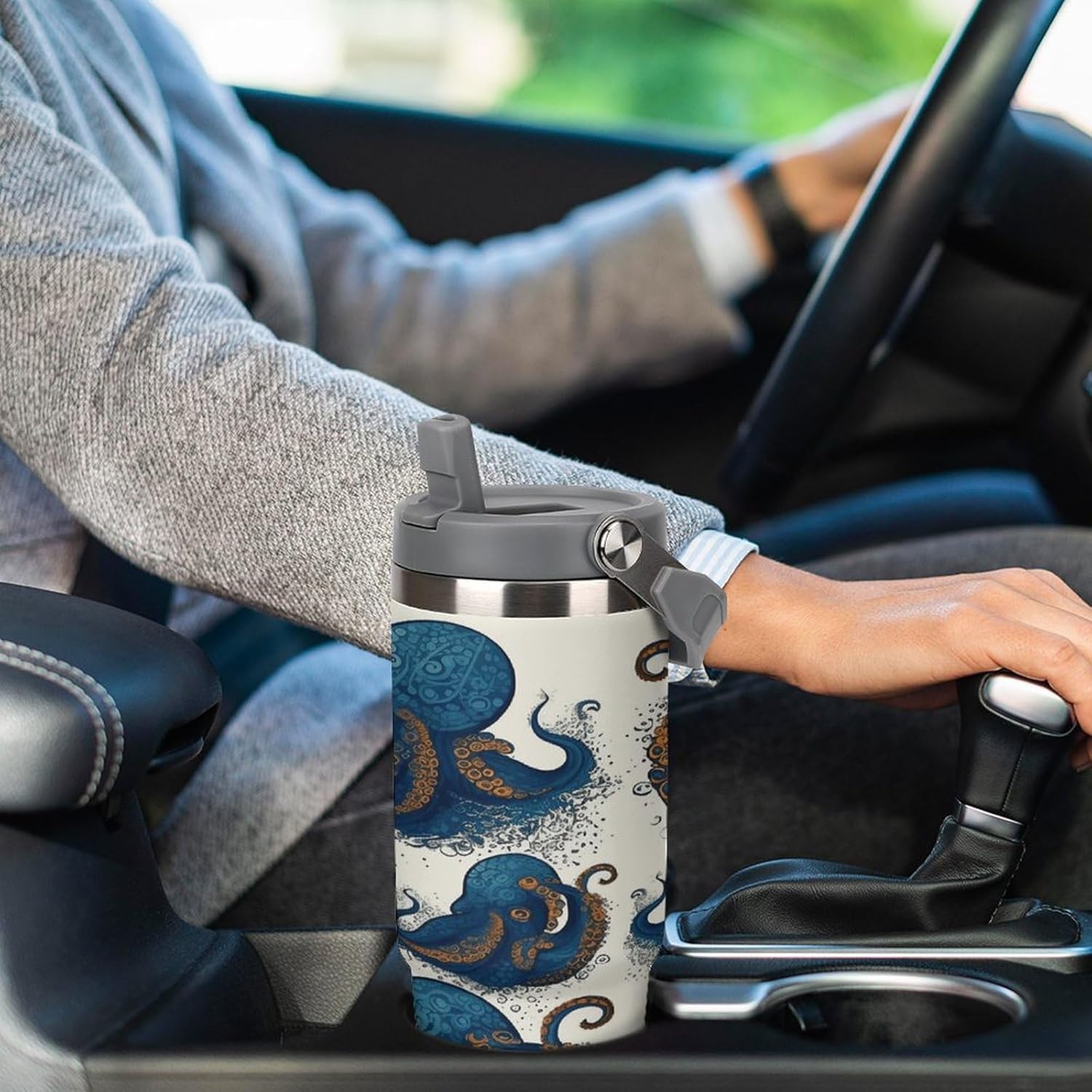 Tentacles Octopus Water Bottle 30 Oz Fits Car Cup Holder,Insulated Coffee Mug Large Capacity Car Cups,Stainless Steel Double Wall Sport Bottle for Travel Sports Gym