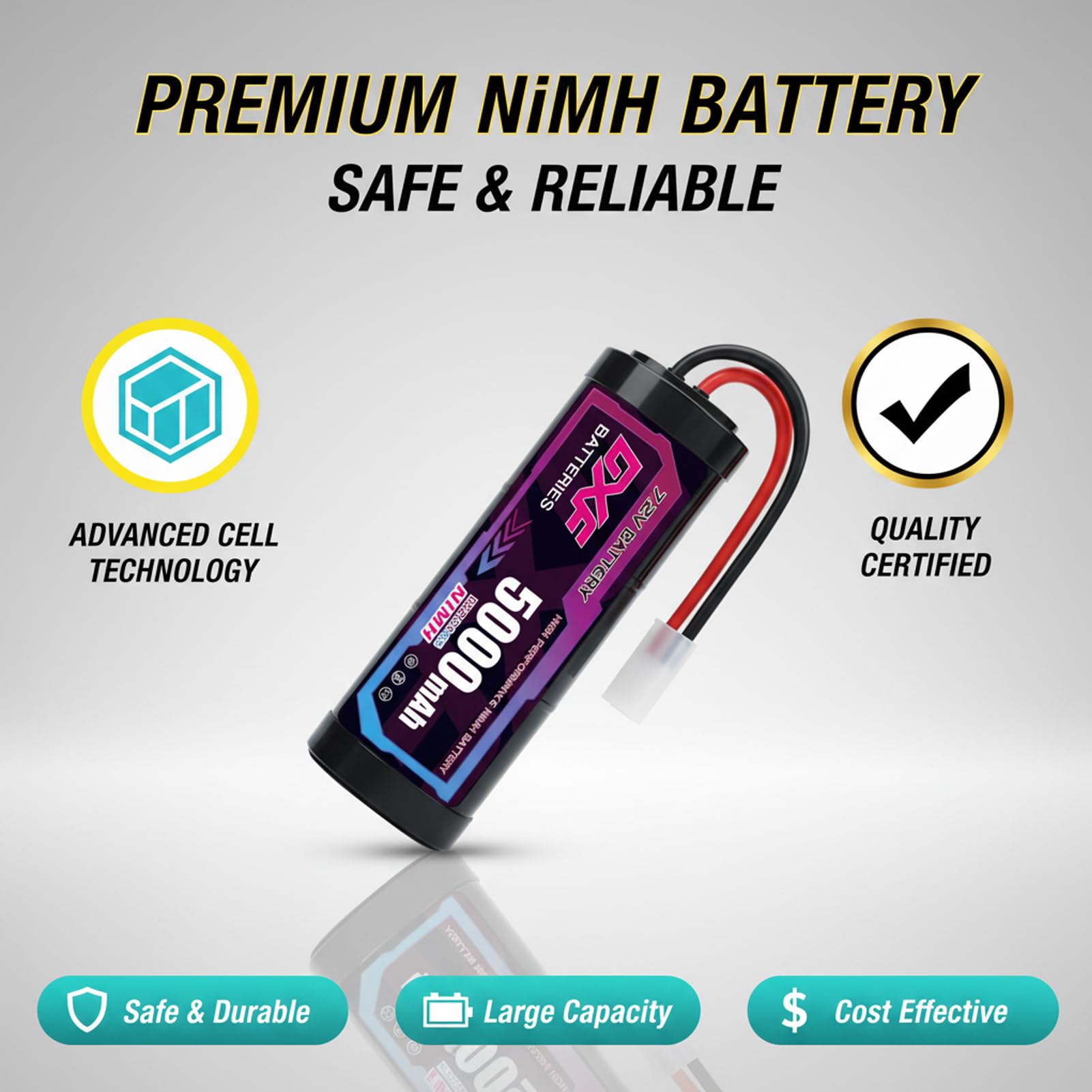 DXF Lot de 2 batteries NiMH 7,2 V 5000 mAh pour voiture télécommandée, camion, hélicoptère, LKW Truggy RC Hobby