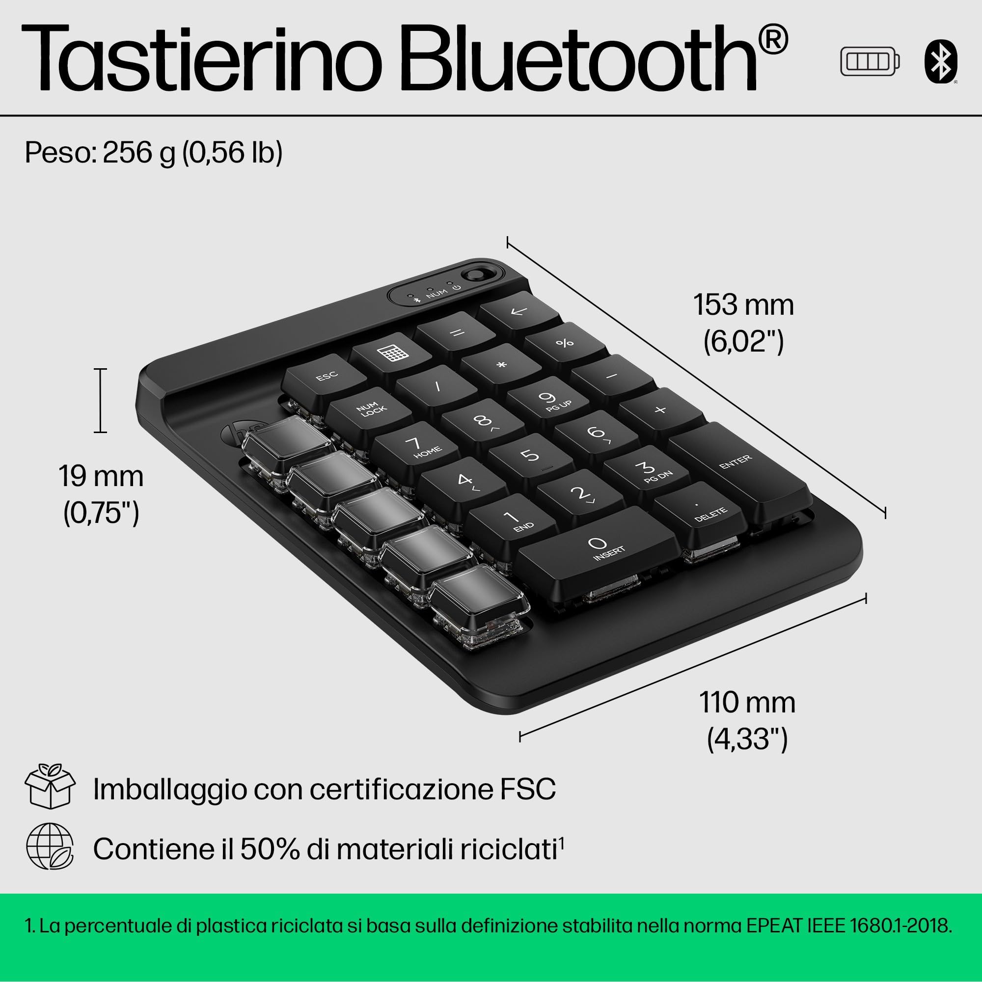 HP 430 Tastierino Programmabile Wireless, Connessione Bluetooth 5.3, 50 Milioni di Pressioni Garantite, Compatibile con Windows 10, 11, macOS e ChromeOS, Nero