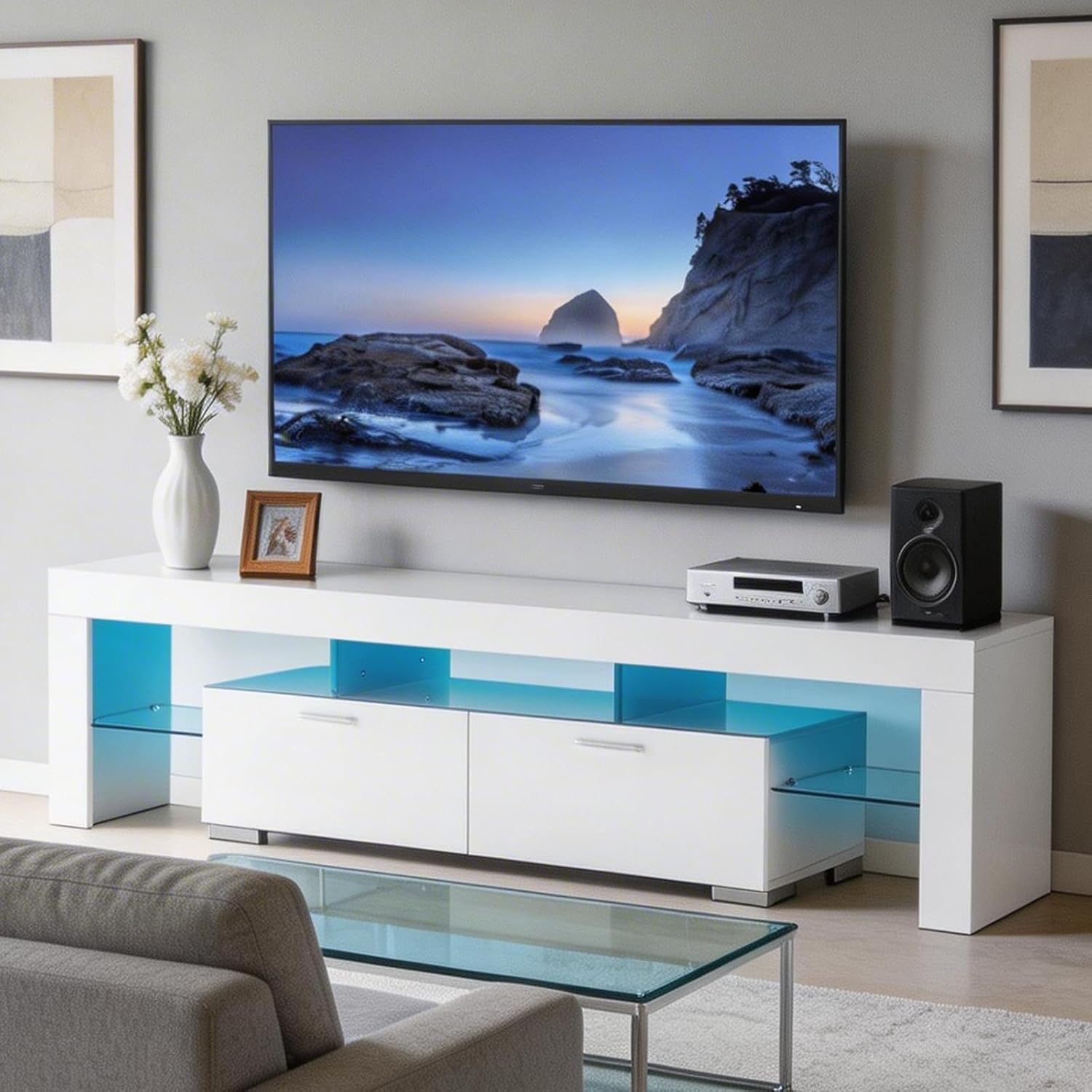 Nrizc TV Stand with LED Lights, Modern Entertainment Center Media with 2 Drawers, Remote Control 16 Color LED Lights, Console Table Storage Desk up to 70 75 Inch TV, for Living Room, Bedroom(White)