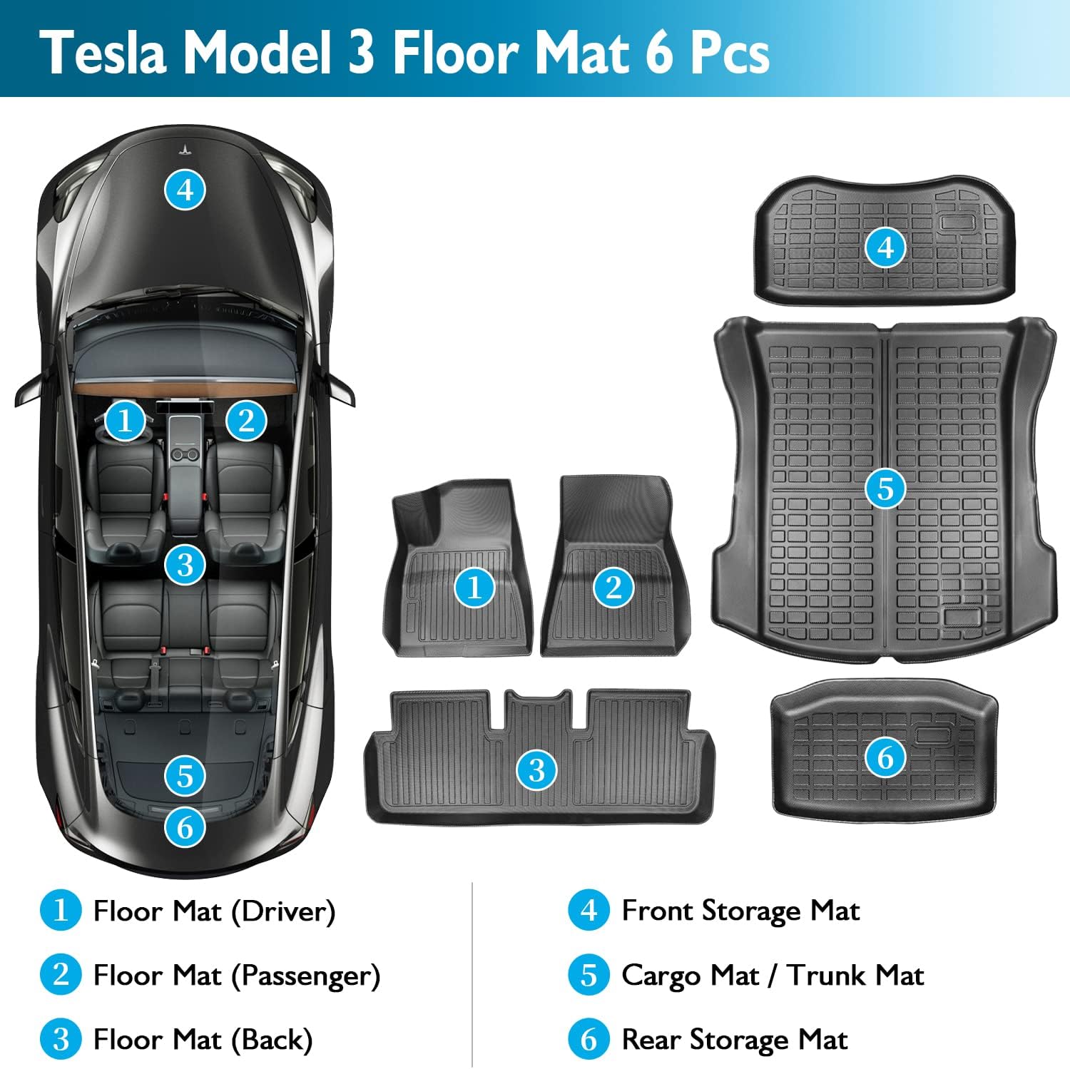 SUMK 6PCS Tesla Model 3 Floor Mats for Model 3 2021 2022 2023 Custom Fit Front Rear Cargo Liners Floor Protect Interior Accessories Full Set All-Weather Anti-Slip Heavy Duty Floor Mats