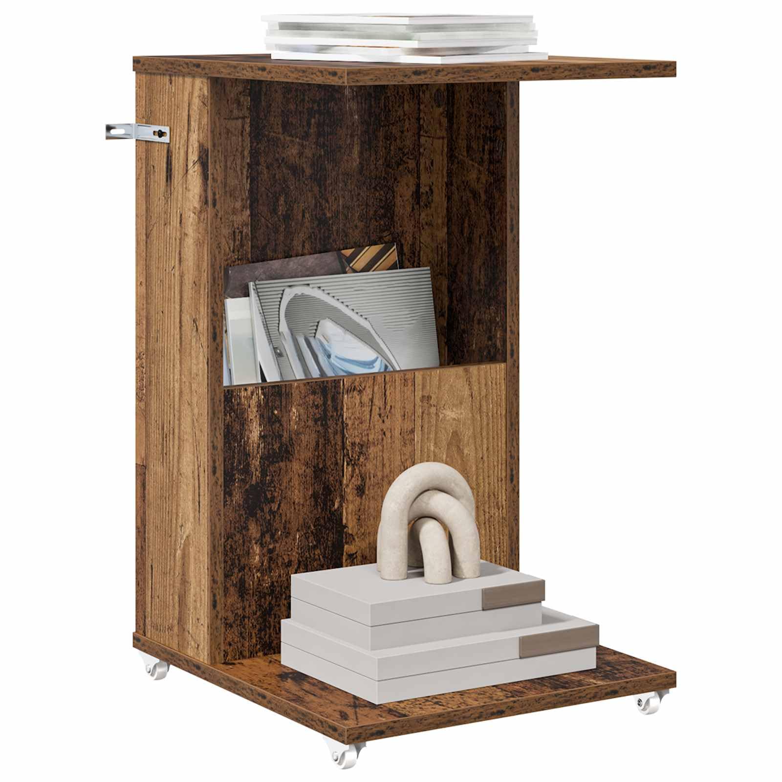 Mesa auxiliar con rueda de madera recuperada, 40 x 35 x 60 cm, mesa de centro móvil y mesita de noche con estante para salón, dormitorio, sofá y balcón, ahorra espacio y versátil