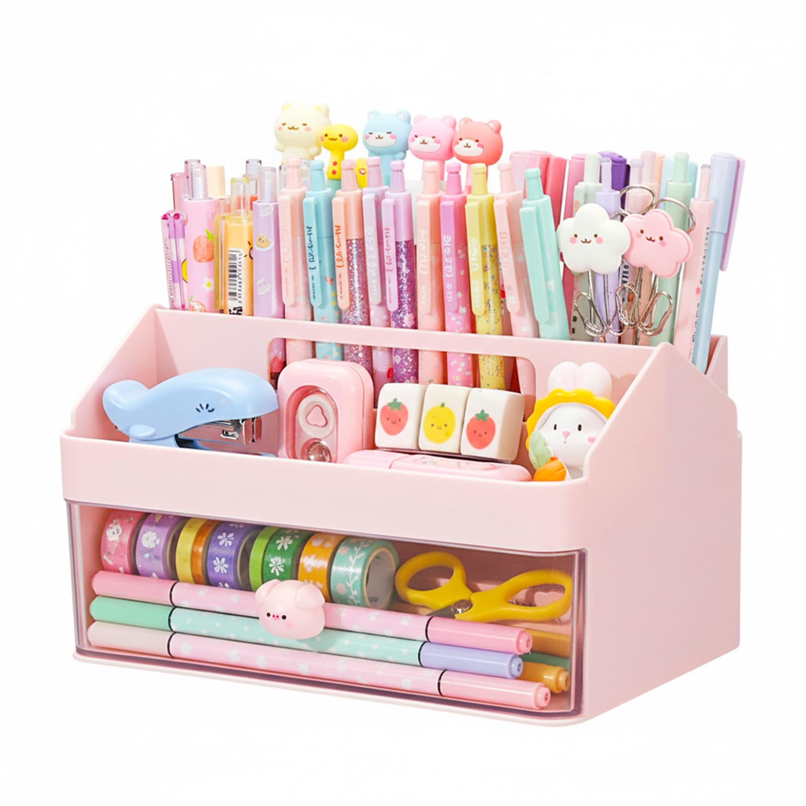 Elezeal Desk Organiser with Handle, Small Cute and practical Desktop Storage Box with Compartments, Pen Holder, Plastic Desk Tidy and Makeup Brushes Holder for Home, Office and School-Pink