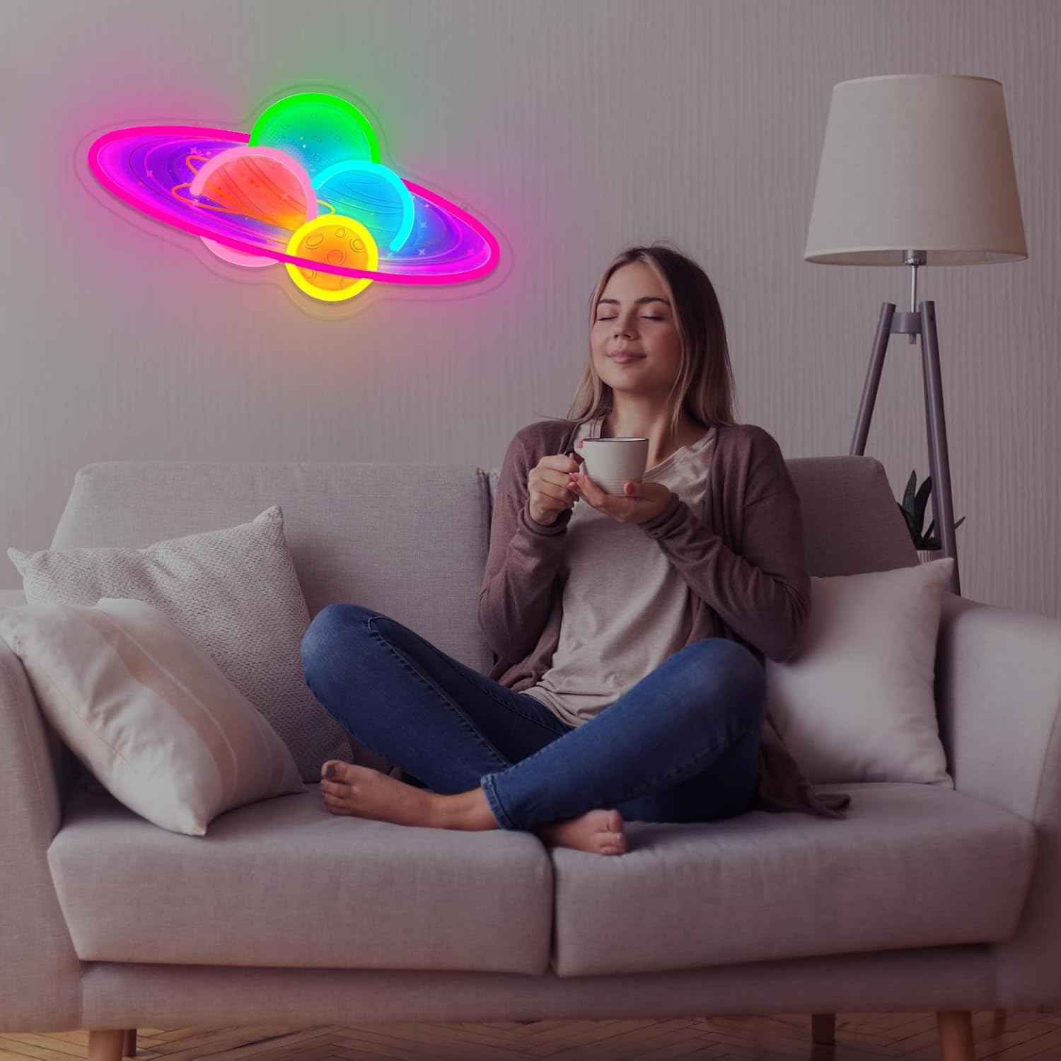 Planet Neon Sign Dimmable Saturn Led Neon Signs for Wall Decor Colorful Four-Planet Combination Space Neon Light Up Sign for Bedroom Living Room Game Room Kids Present Birthday Party