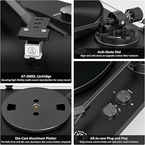 Miniatura 2 de Tocadiscos con salida inalámbrica, brazo de fibra de carbono, reproductor de vinilo con plato de aluminio, transmisión por correa, tocadiscos LP