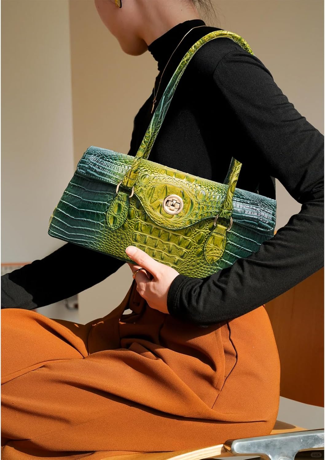 Leather Crocodile Pattern Top Handle Handbag for Women High-value Satchel Tote Purse for Ladies - Image 2