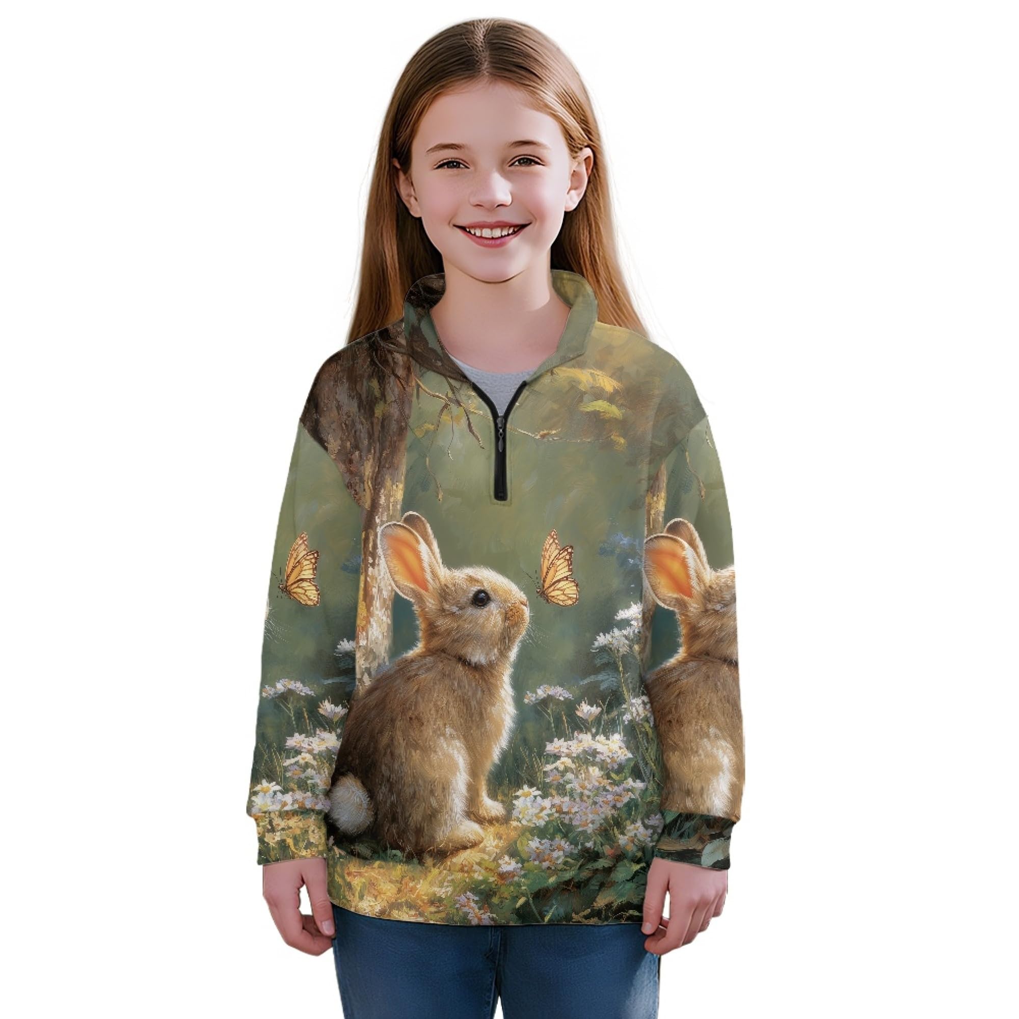 AmzPrint Girls Quarter Zip Jackets Long Sleeve Pullover Novelty Athletic Running Graphic Hoodies For Big Girls