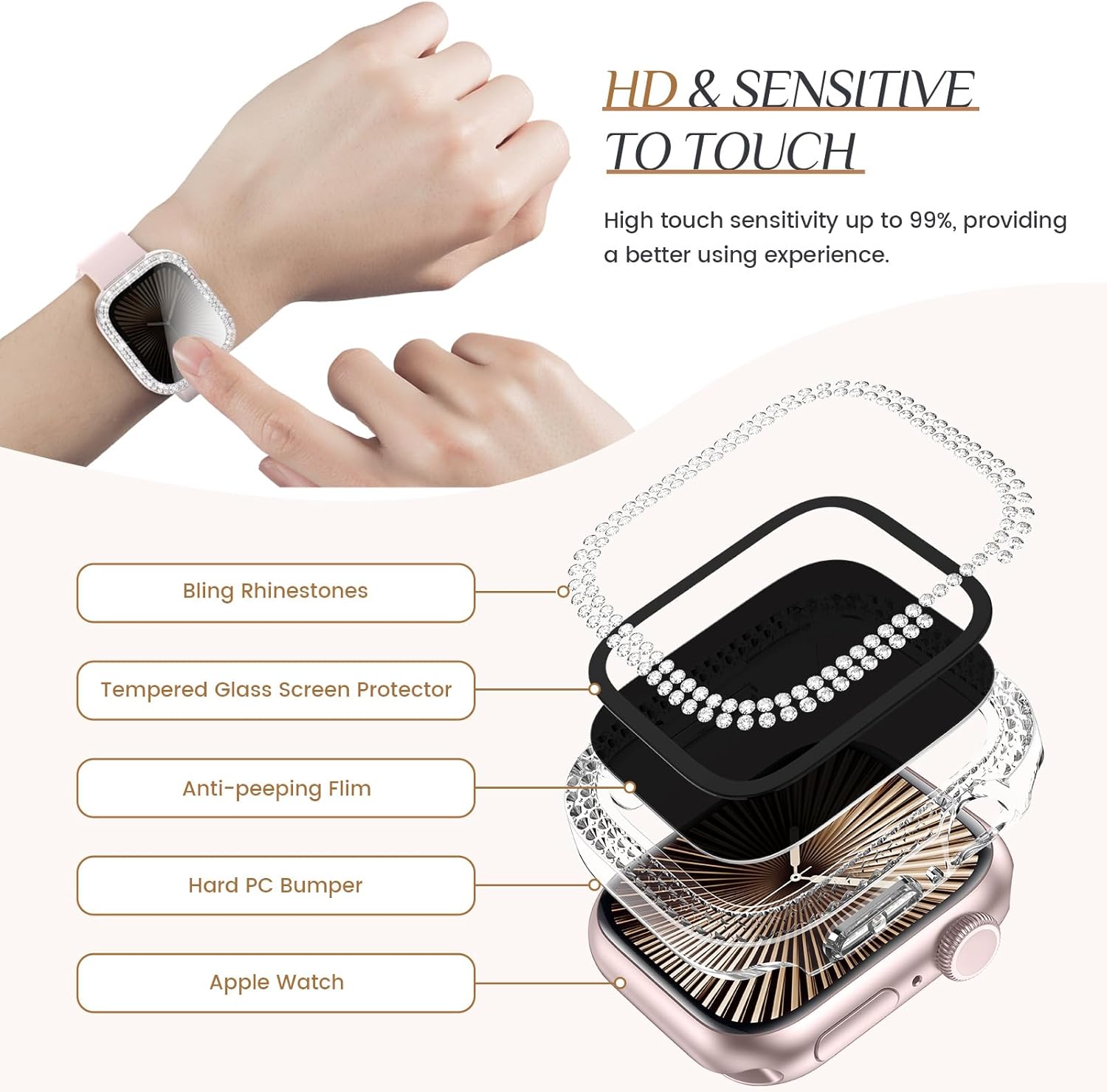 Goton Bling Screen Protector Compatible for Apple Watch Series 10 9 8 7 6 5 4 SE 2 41mm 44mm 40mm 45mm 46mm 42mm Case for Women, Glitter Diamond Rhinestone Face Cover for iWatch Accessories Black_Transparent 46mm image 5 of 7 B0DFYQ3GVR