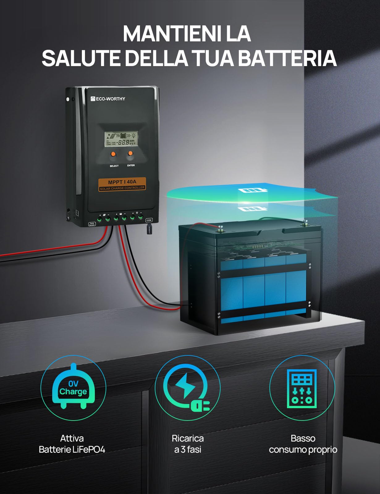 ECO-WORTHY Regolatore di carica 40A MPPT,Regolatore Solare 12V/24V con Display LCD, Monitoraggio Tramite App Bluetooth e RS485, Efficienza di Carica del 99% per Batterie al litio GEL SLA FLD