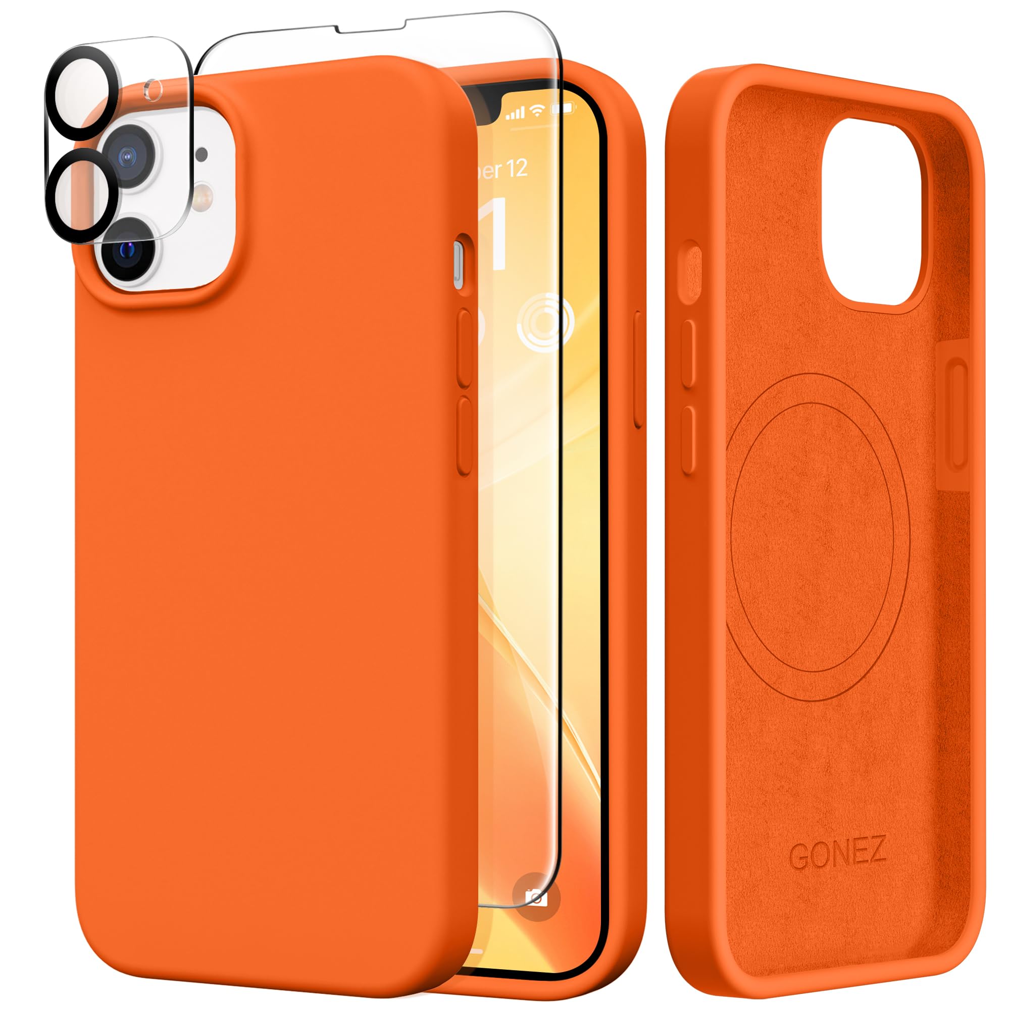 gonez magnetic for iphone 12 case / 12 pro case, compatible with magsafe, [screen protector + camera lens protector], silicone shockproof anti-scratch protective phone case 6.1 inch, neon orange