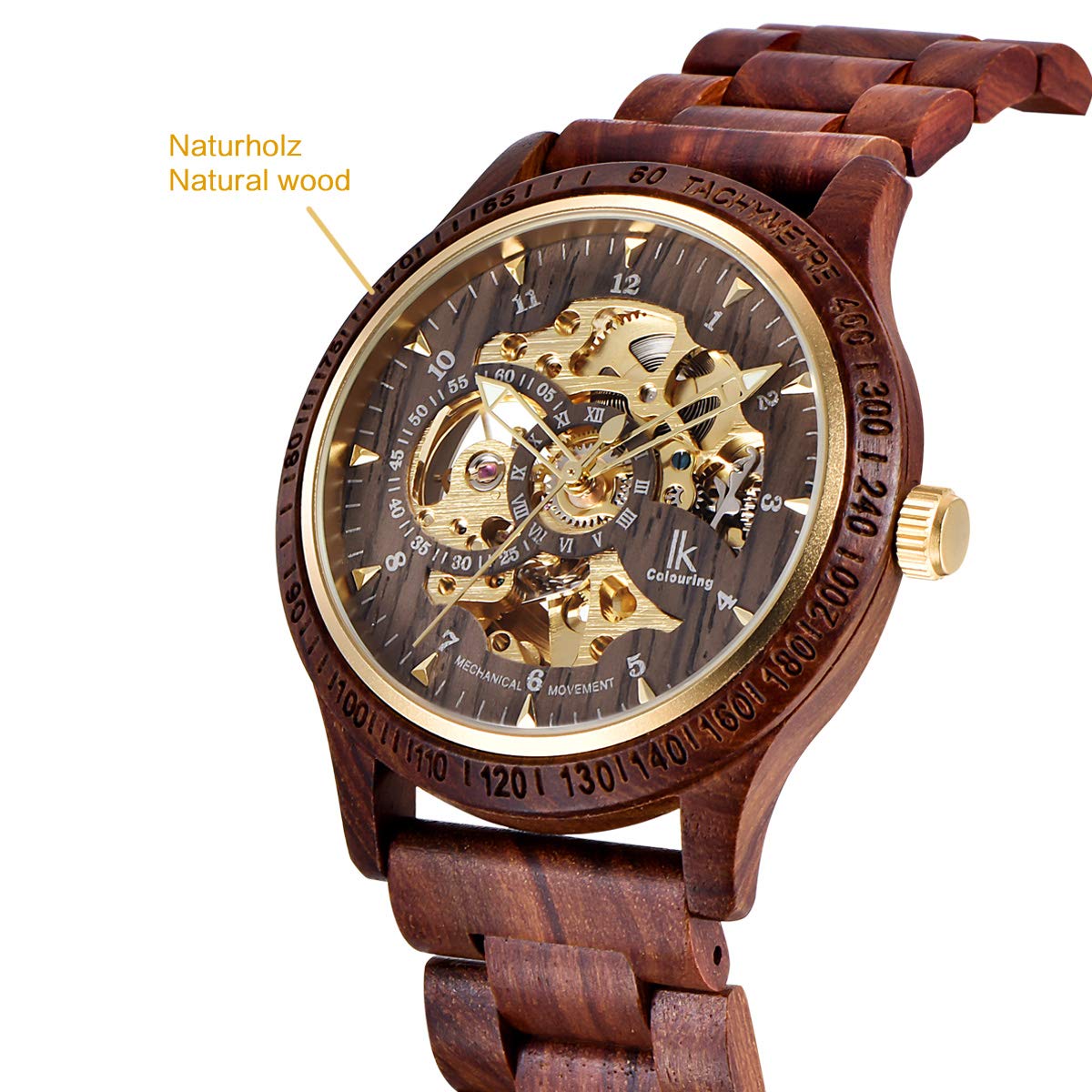 Alienwork IK Wood Automatikuhr Armbanduhr Herren Damen Natur-Holz Glasboden