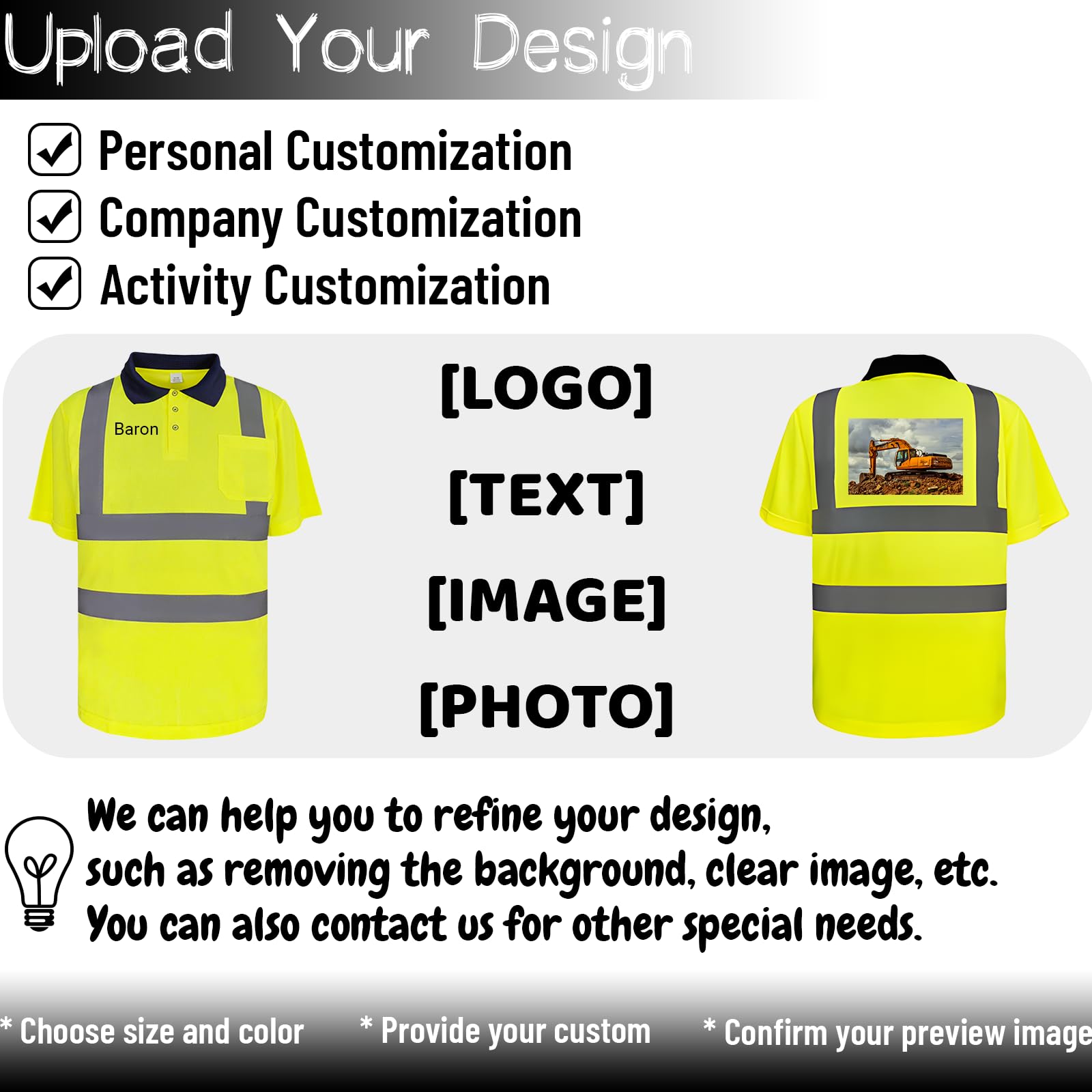 Hi Vis Polo Shirts Custom Your Logo Short Sleeve High Visibility T-Shirts Reflective Safety Construction Worker Yellow