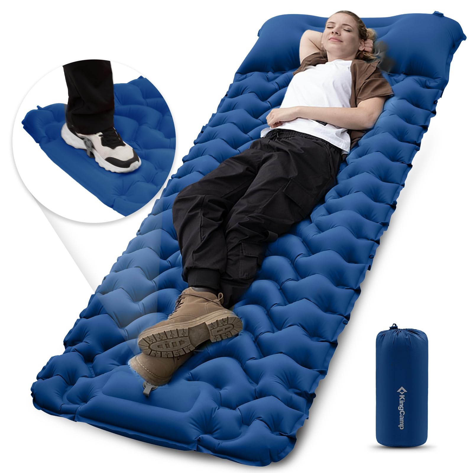 KingCampSelf Inflating Camping Mattress with Built-in Foot Pump, Connectable Durable Inflatable Sleeping Mat with Pillow, Compact Camping Air Mattress for Hiking