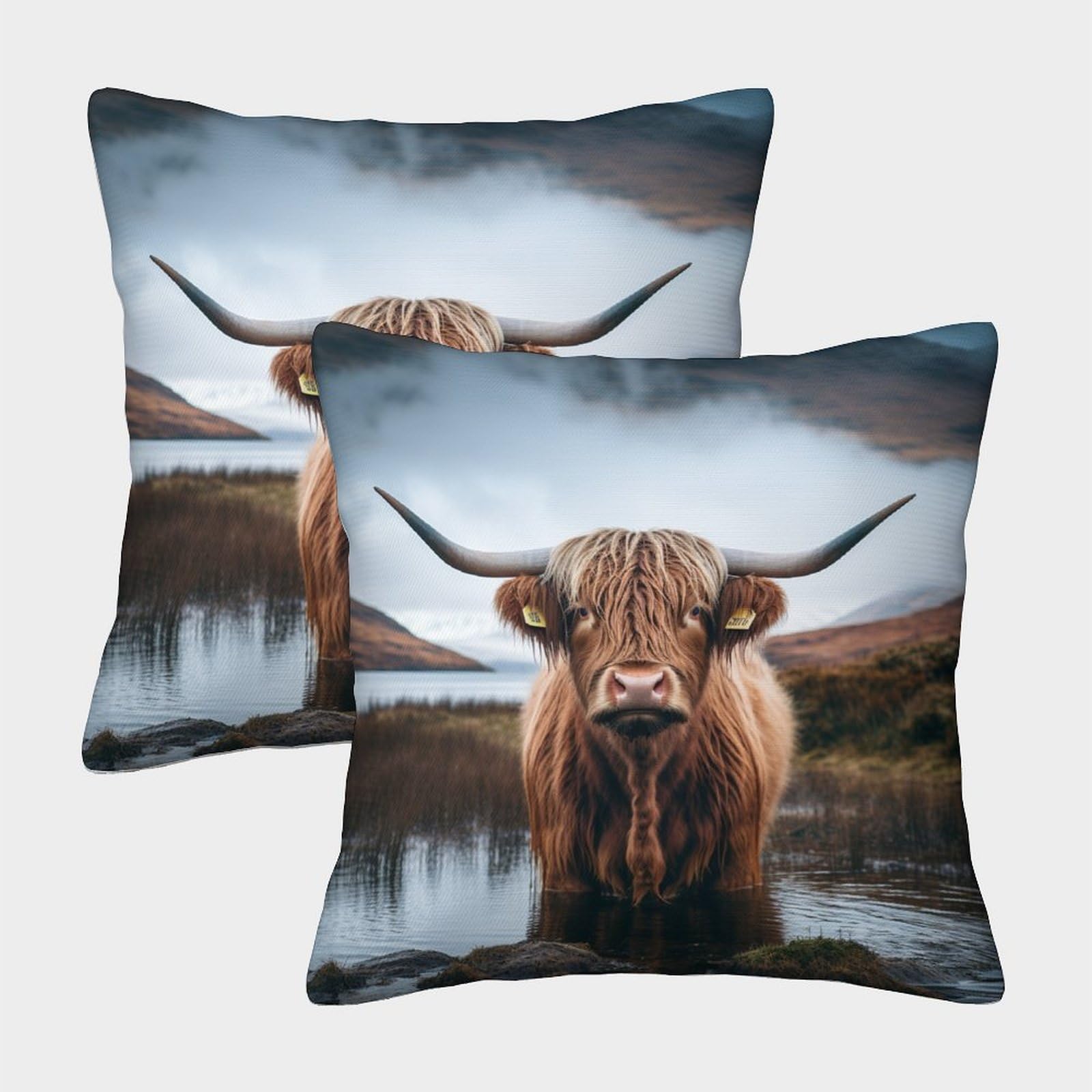 Zhuicheng Highland Cattle 3D Printed Square Pillowcases Highland Cow Throw Pillow Case Decorative Super Soft Pack Of 2 For Sofa Couch Bed 45X45cm