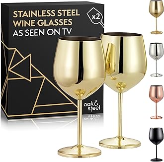 – Oak & Steel 2 Gold Wine Glasses (520ml) - Stainless Steel Wine Glasses, Unbreakable Metal Drinking Glasses with Gift Box
