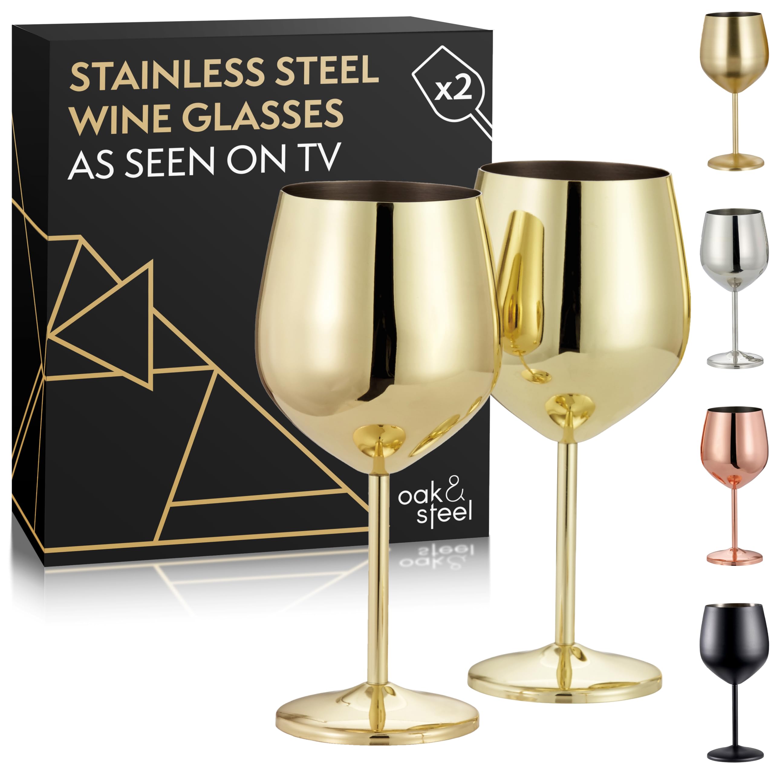 Oak & Steel 2 Gold Wine Glasses (520ml) - Stainless Steel Wine Glasses, Unbreakable Metal Drinking Glasses with Gift Box
