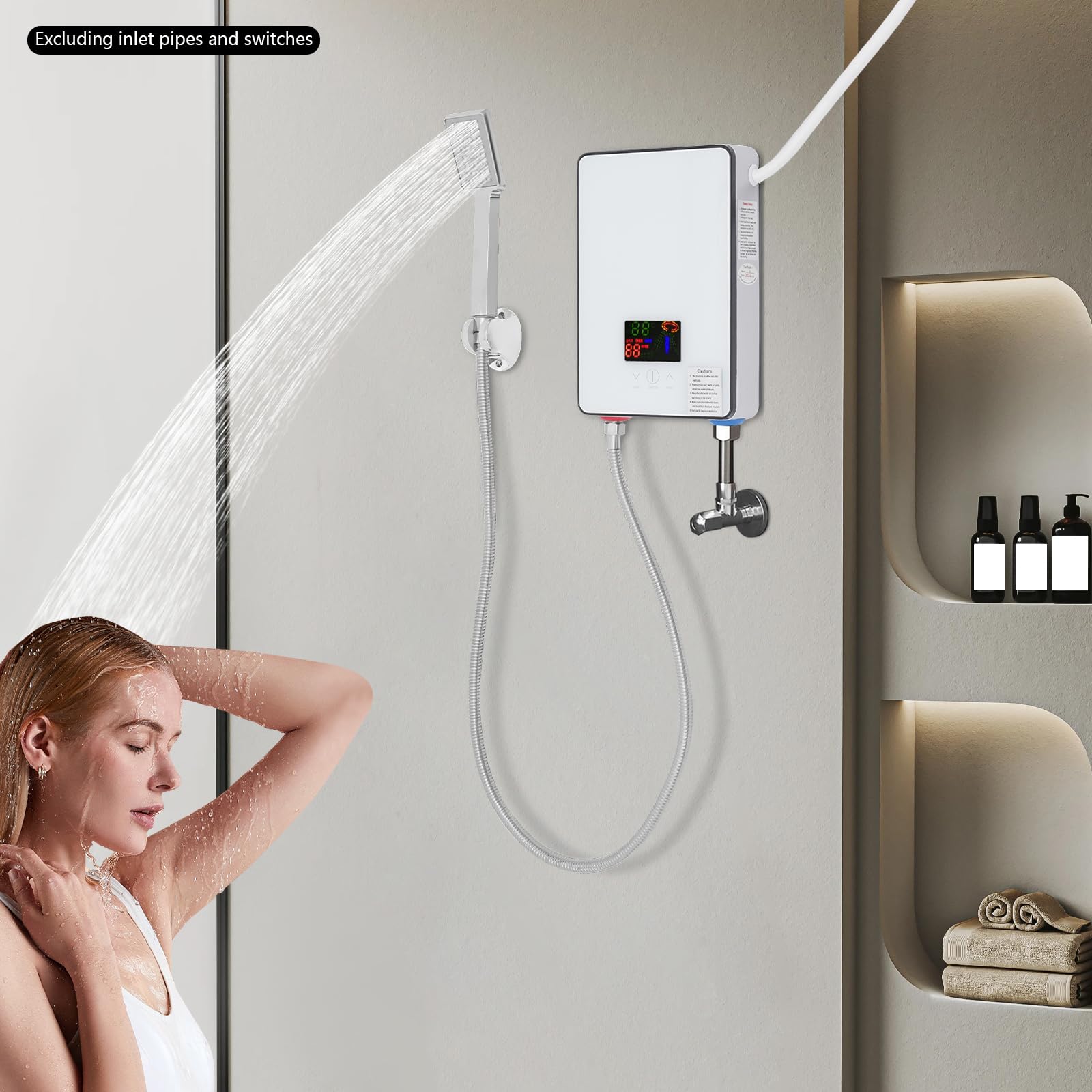 Scaldacqua istantanea 6500 W, scaldabagno elettrico con display touch a LED, regolabile in temperatura, scaldabagno, IPX24, impermeabile, con doccetta e set doccia, per bagno, doccia, cucina, casa