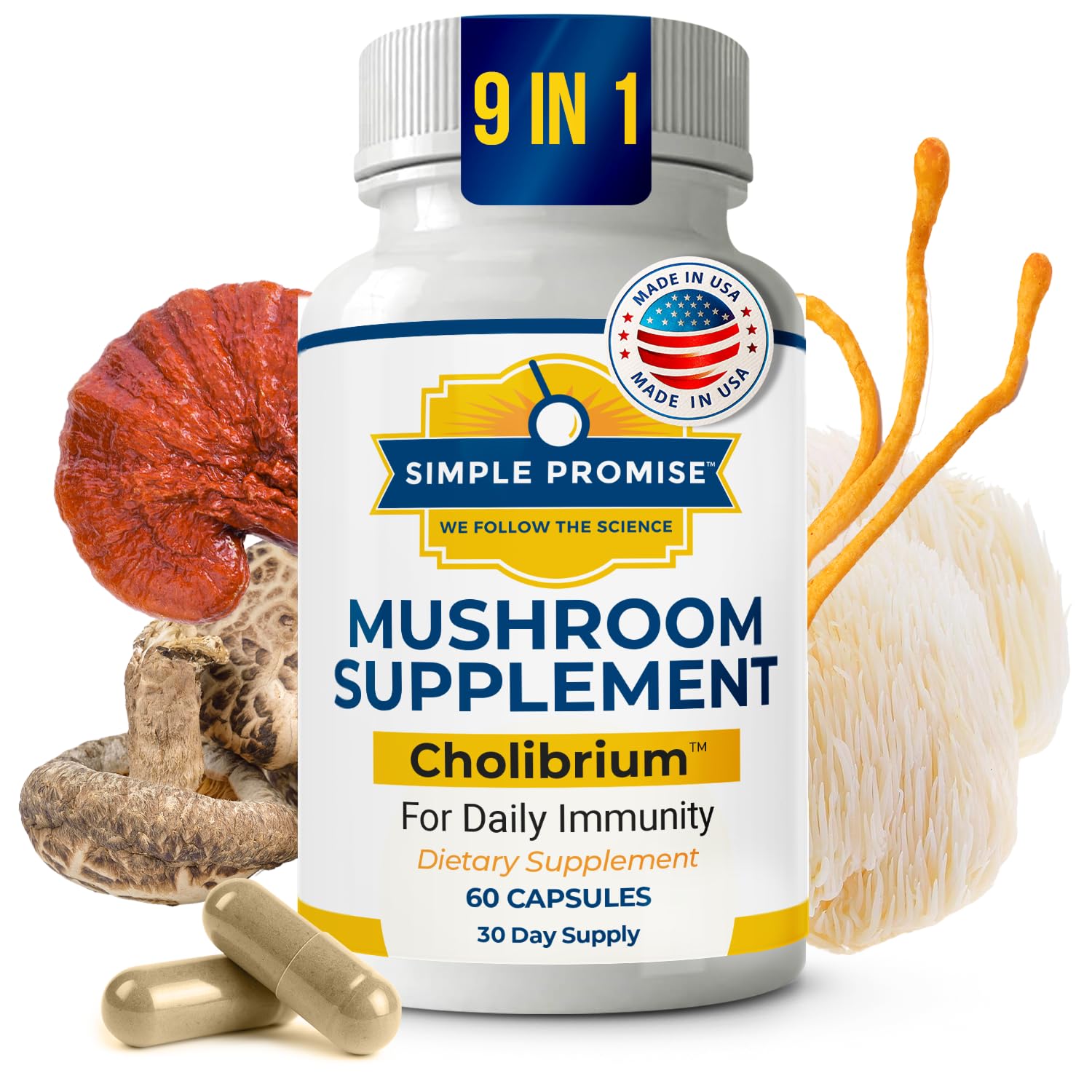 Cholibrium 9-in-1 Mushroom Complex Capsules With Lion’s Mane & Reishi - Adaptogenic Mushrooms Supplement Blend For Daily Immunity Focus, Sleep & Heart Health Support - 1,330 mg - 60 Capsules