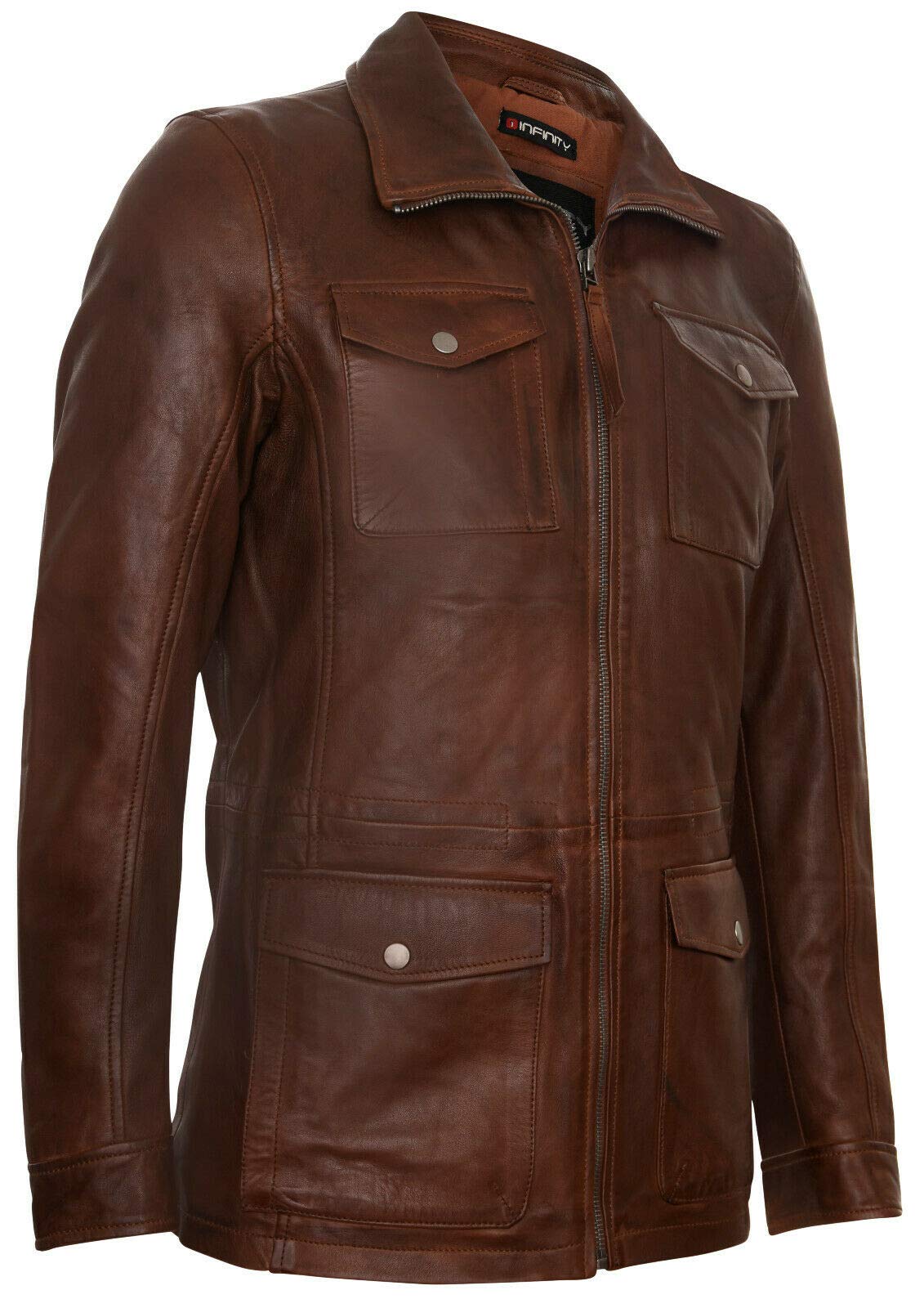 Infinity Leather Abrigo Casual Impermeable para Hombre de Cuero Marrón Claro con Múltiples Bolsillos
