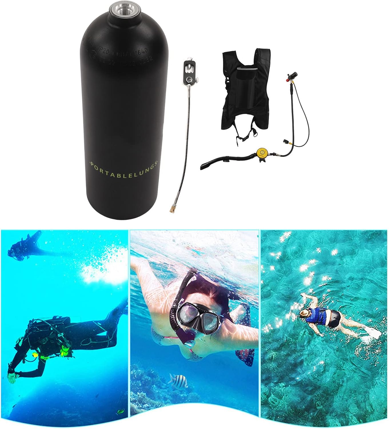 Diving Breathing Rebreather 2L X5000Pro Double Shoulder Strap Tube Adapter Portable Diving Cylinder Tank Kit(Black)
