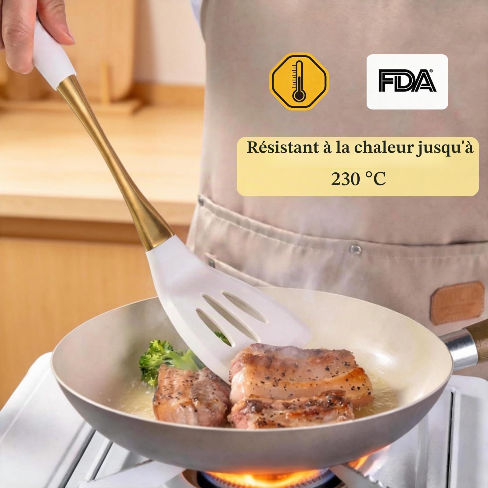 Ensemble d'ustensiles de cuisine élégants en silicone blanc doré – Non toxiques, passent au lave-vaisselle avec poignées confortables résistantes à la chaleur – Comprend une spatule et une cuillère