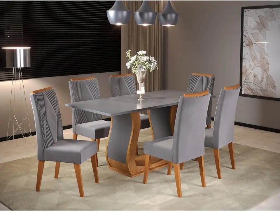 Mesa de Jantar Retangular Vitalic com 6 Cadeiras Madeira Maciça Vegas Mel/Cinza Brilho/Grafite