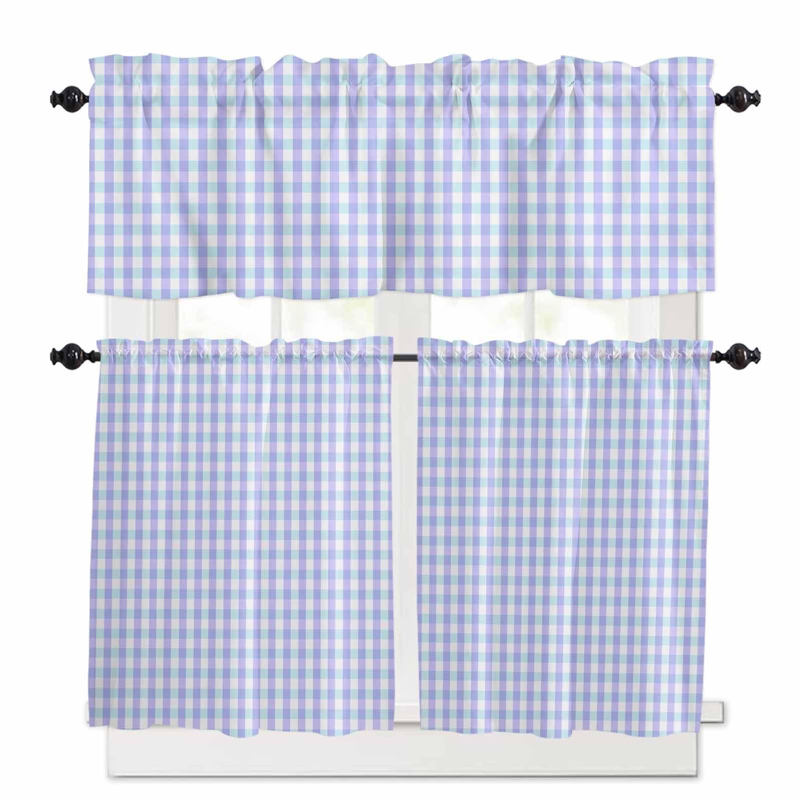 Blue Grid Kitchen Curtains 36 Inch Length,3 Piece Rod Pocket Small Half Tiers and Valance Set,Checkered Plaid Gingham Lattice Trellis Print Small Large Window Treatment Decor for Bedroom/Bathroom